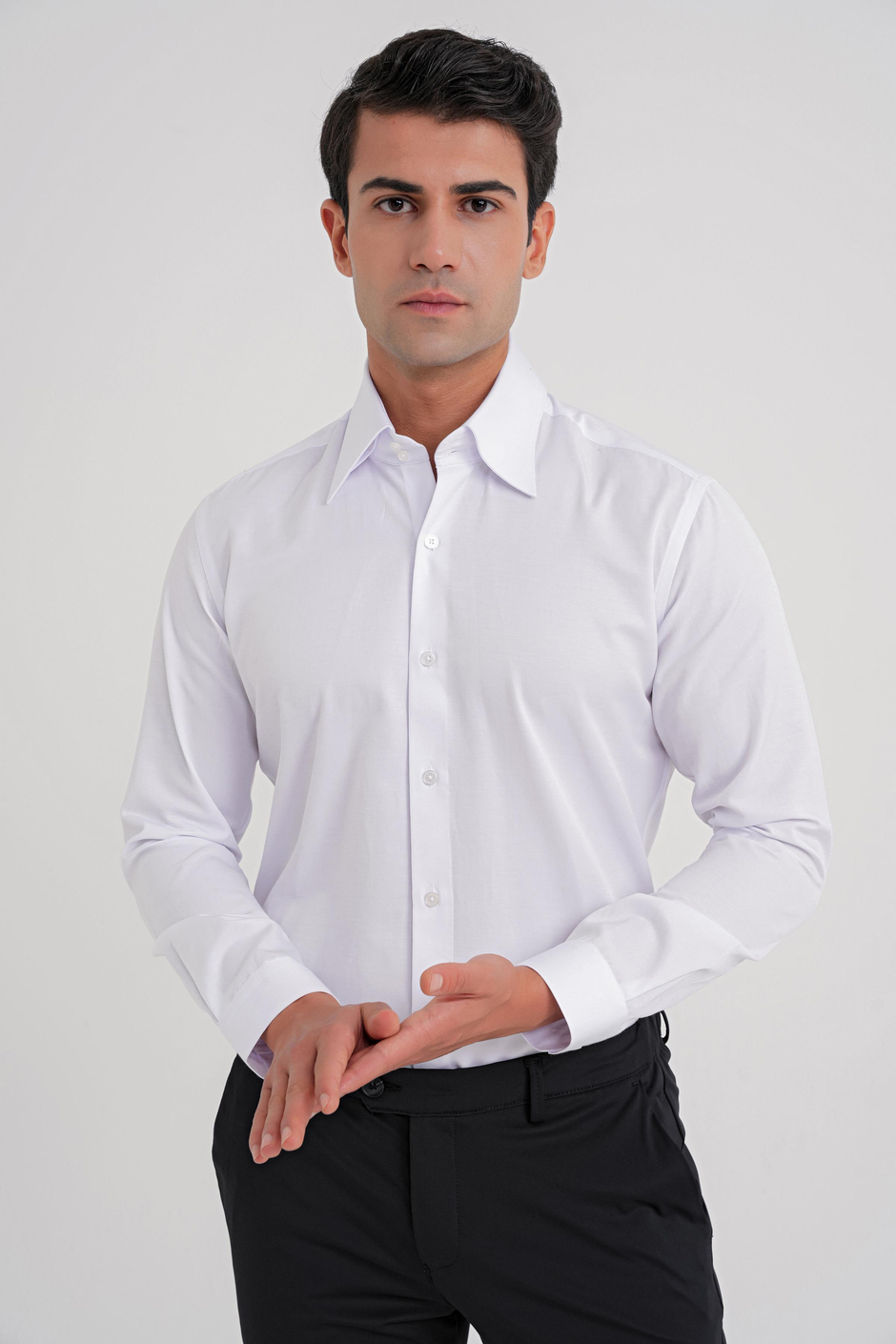 G 565 Slim Fit Dik Yaka Pamuk Saten Uzun Kol Klasik Beyaz Gömlek 
