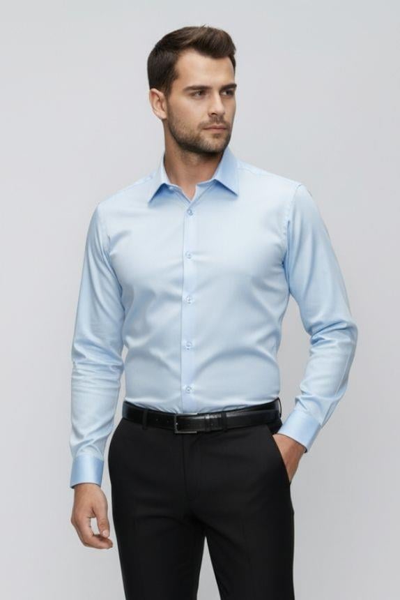 Slim Fit Kravat Yaka Pamuklu Uzun Kollu Açık Mavi Gömlek GK 649