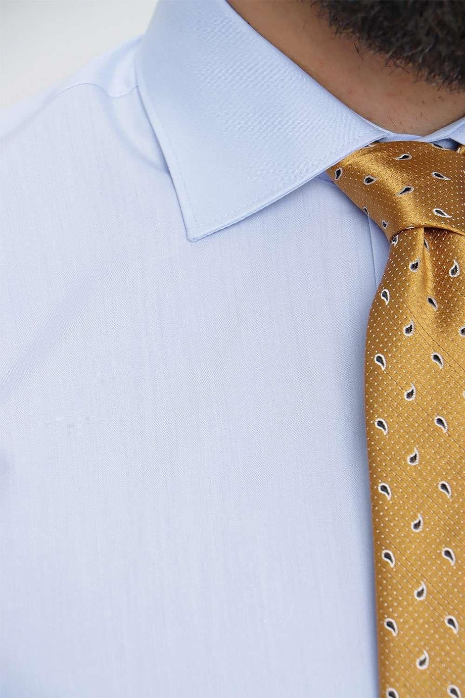 Slim Fit Kravat Yaka Pamuklu Uzun Kollu Mavi Gömlek GK 649