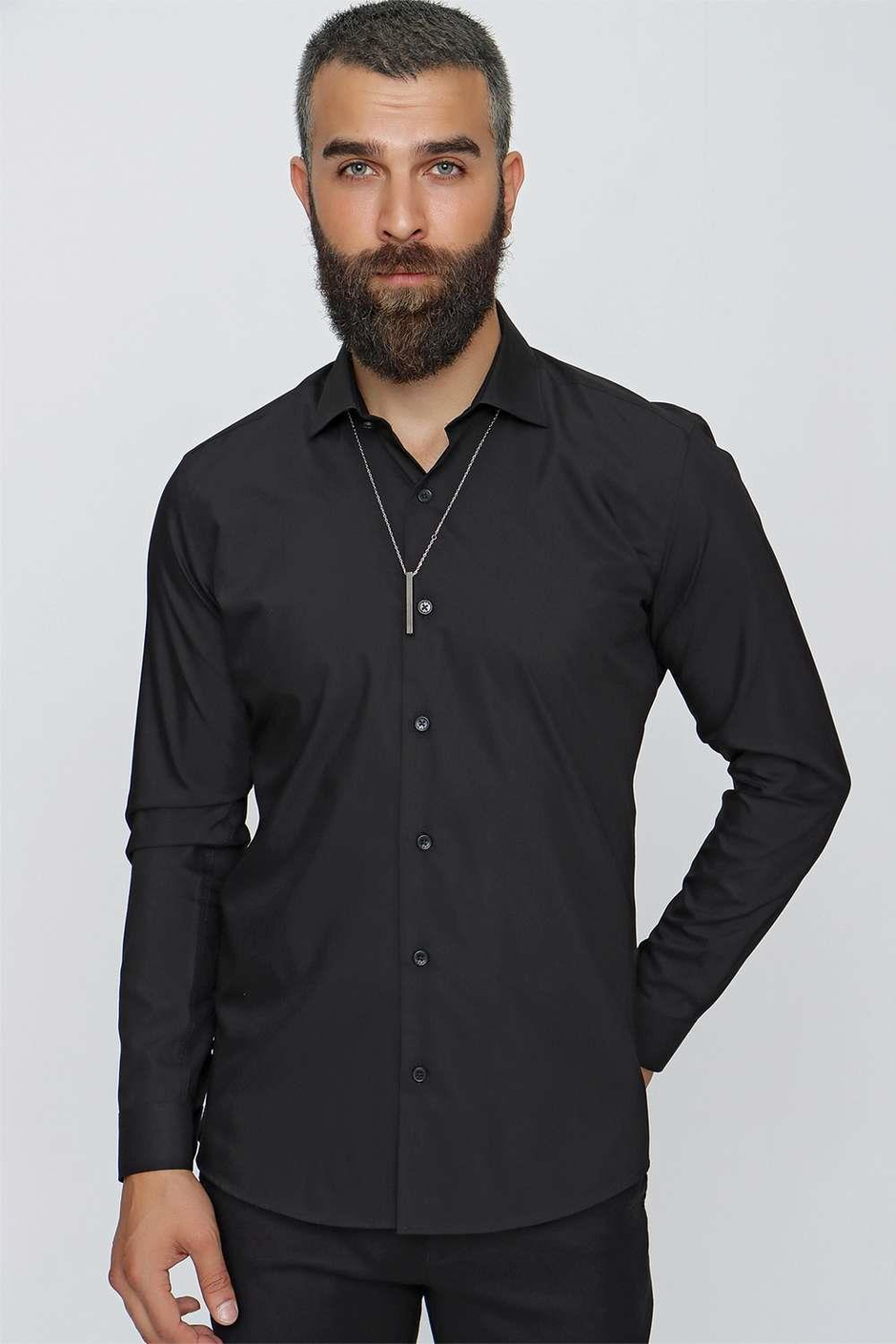 Slim Fit Kravat Yaka Pamuklu Uzun Kollu Siyah Gömlek GK 649