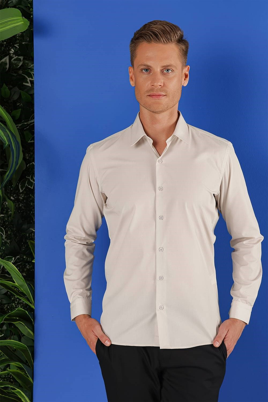 Slim Fit %100 Pamuk Kravat Yaka Kum Beji Gömlek GK 683