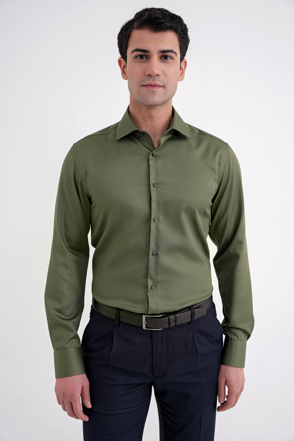 Slim Fit %100 Pamuk Non Iron Kumaş Haki Gömlek Gk 734
