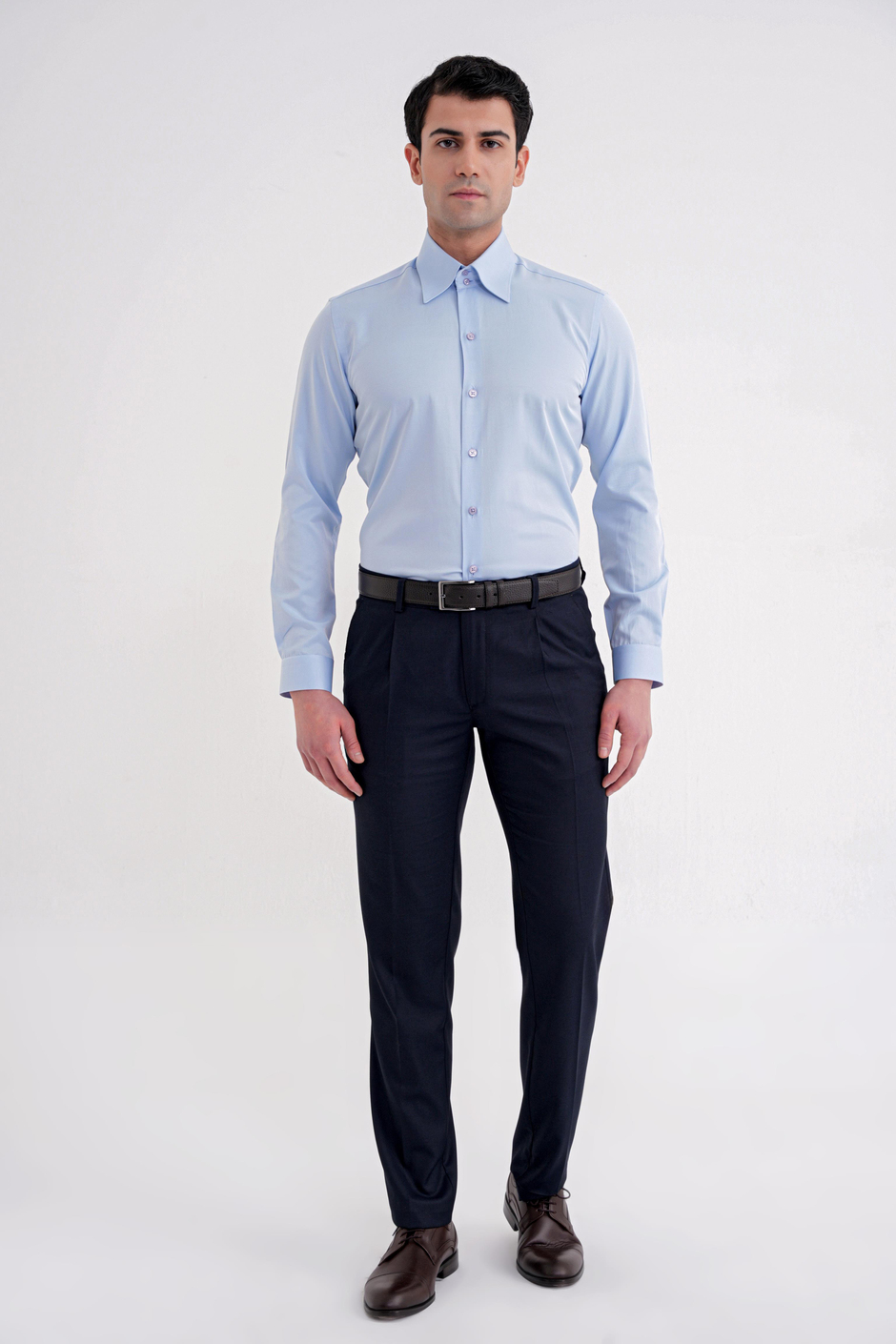 Slim Fit Çift Düğmeli Yüksek Yaka Pamuklu Açık Mavi Gömlek GK 742