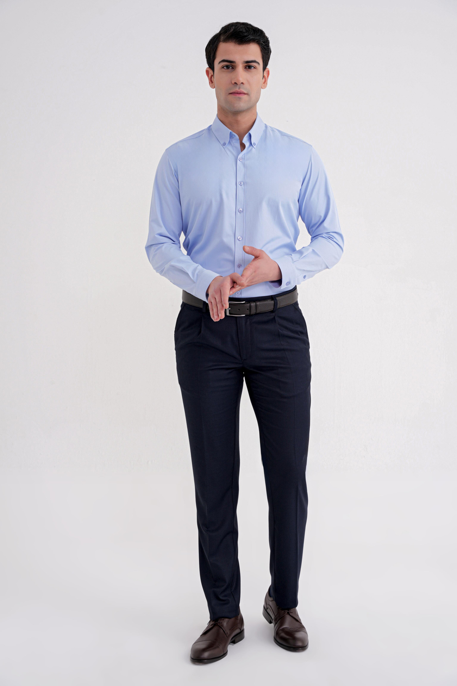 Slim Fit Düğme Yakalı Esnek Pamuk Mavi Gömlek GK 754