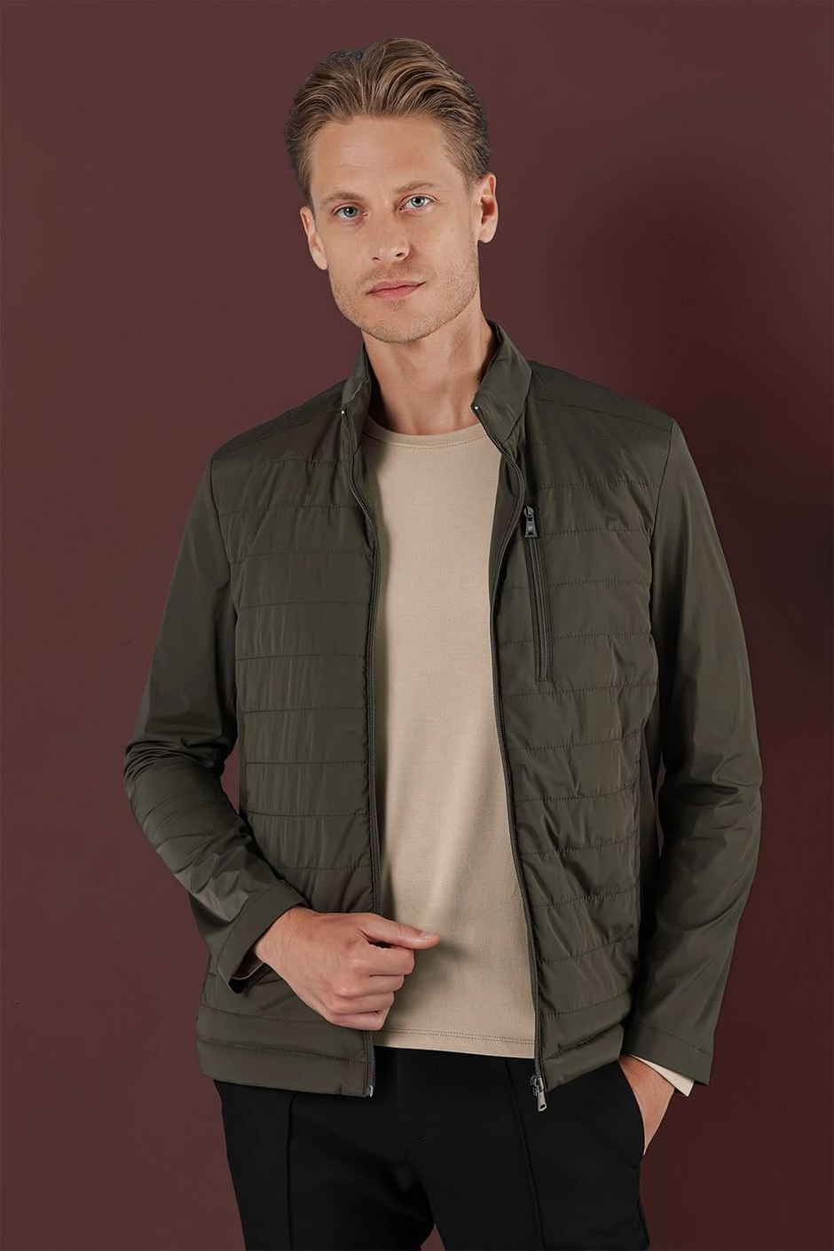 Slim Fit Hakim Yaka Yan Cep Fermuarlı Haki Rüzgarlık Mont MT 168