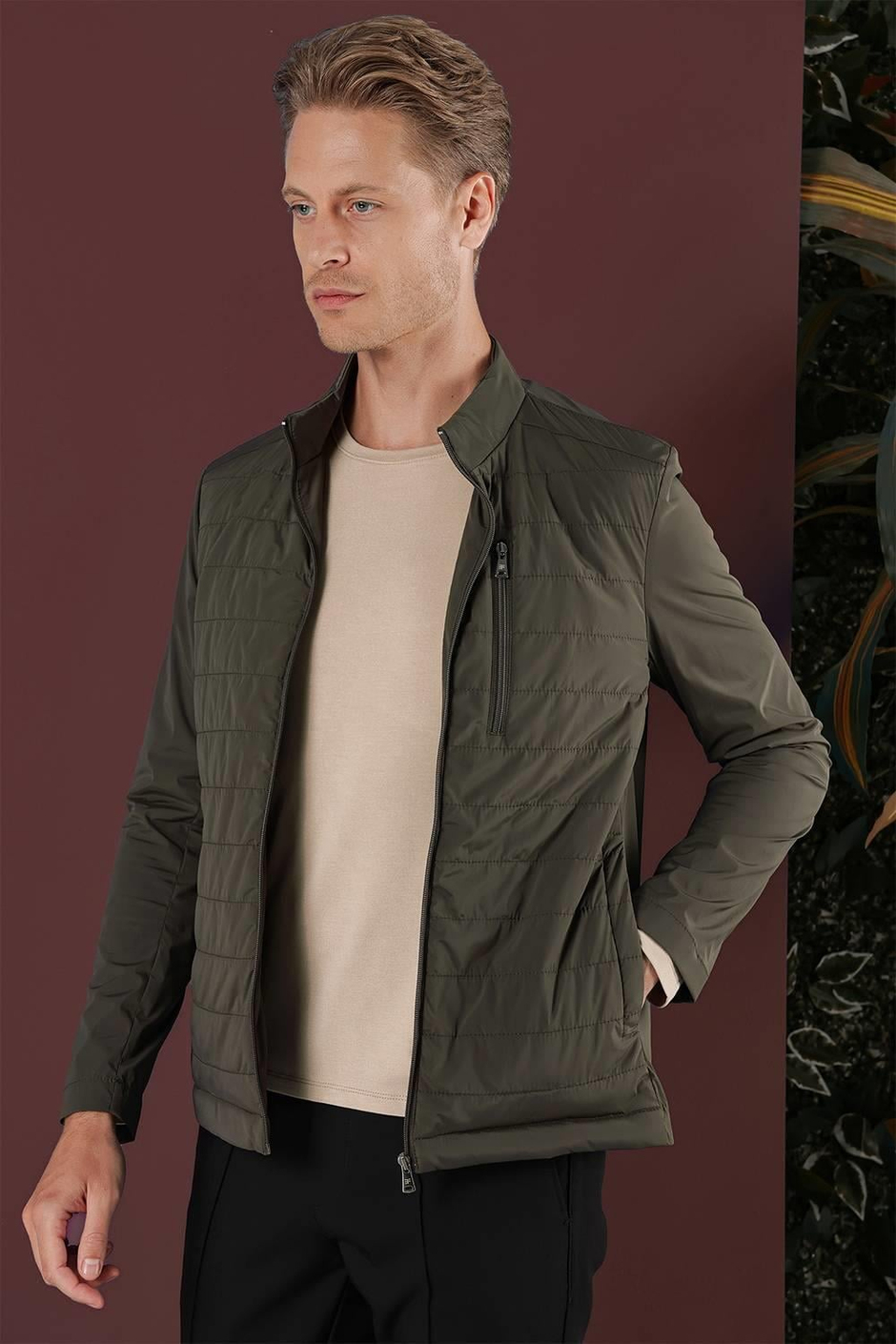 Slim Fit Hakim Yaka Yan Cep Fermuarlı Haki Rüzgarlık Mont MT 168