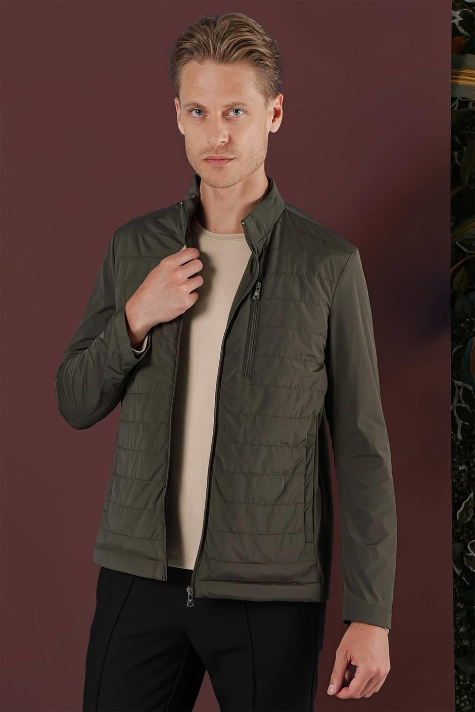 Slim Fit Hakim Yaka Yan Cep Fermuarlı Haki Rüzgarlık Mont MT 168