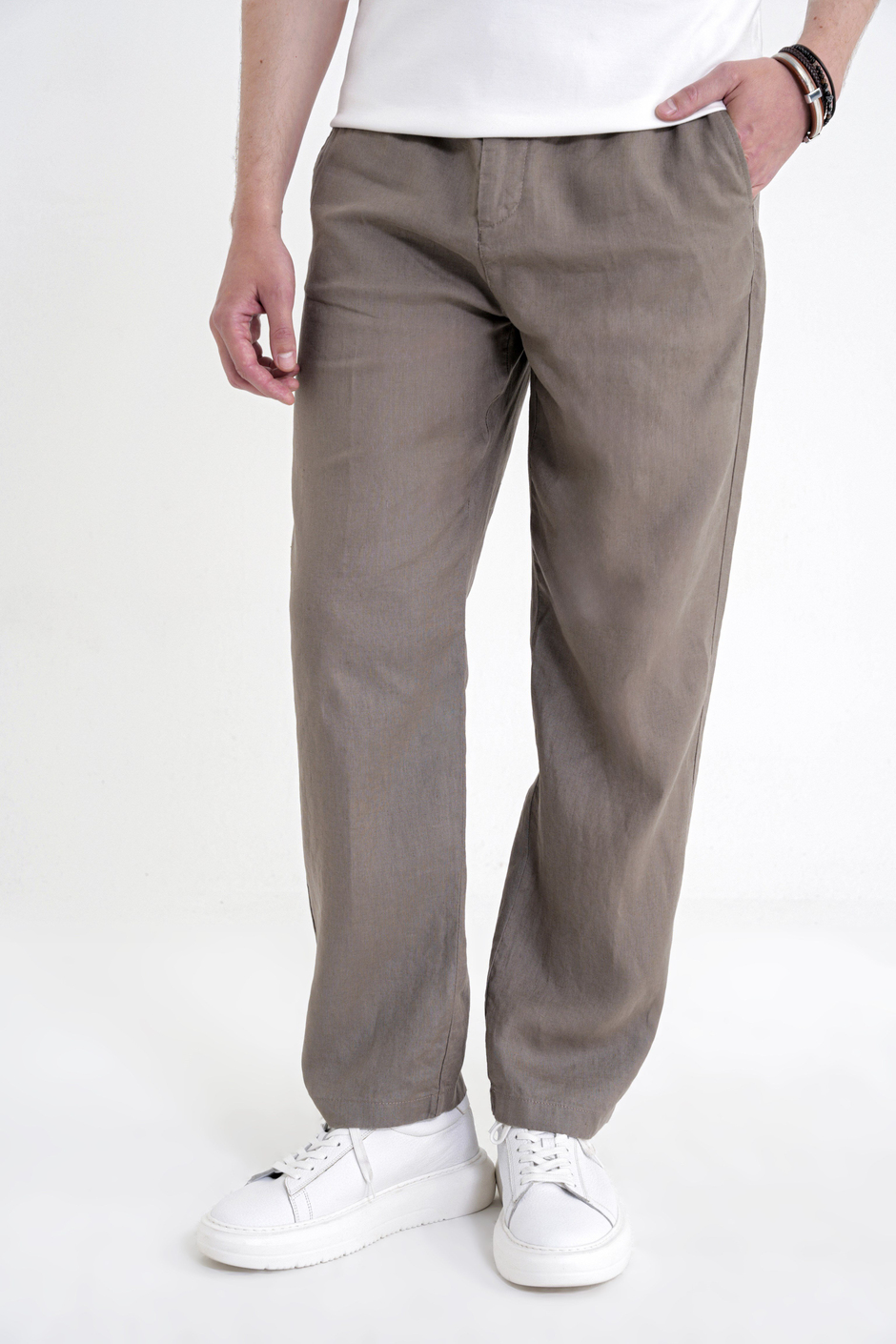 Oversize Kalıp Yan Cep Beli Lastikli Haki Keten Pantolon P 1216
