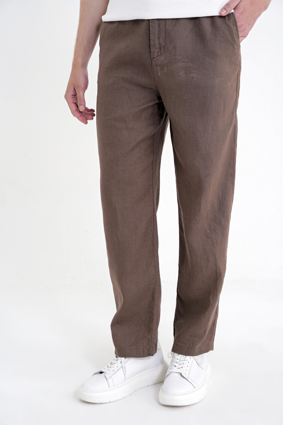 Oversize Kalıp Yan Cep Beli Lastikli Vizon Keten Pantolon P 1216