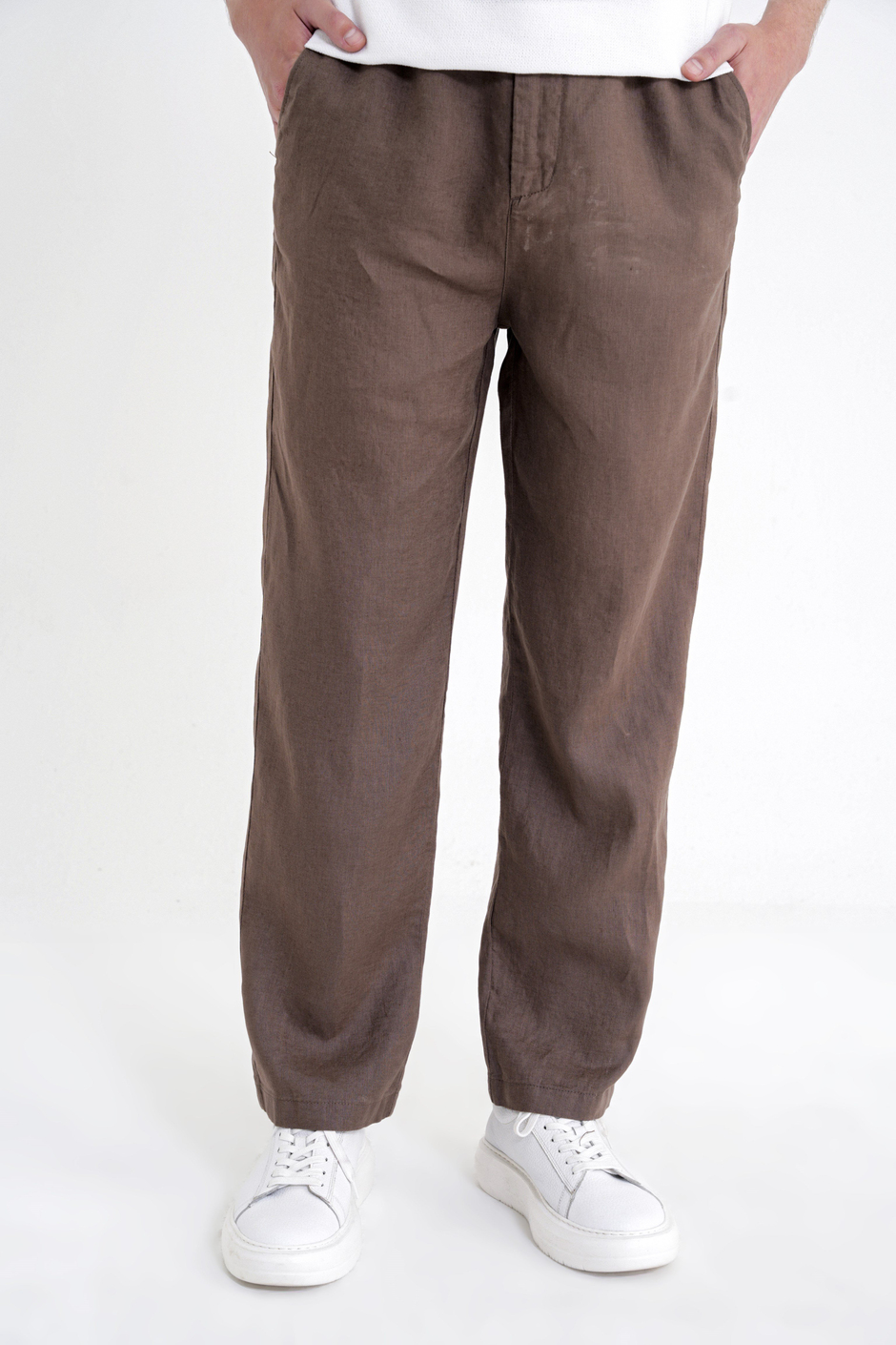 Oversize Kalıp Yan Cep Beli Lastikli Vizon Keten Pantolon P 1216