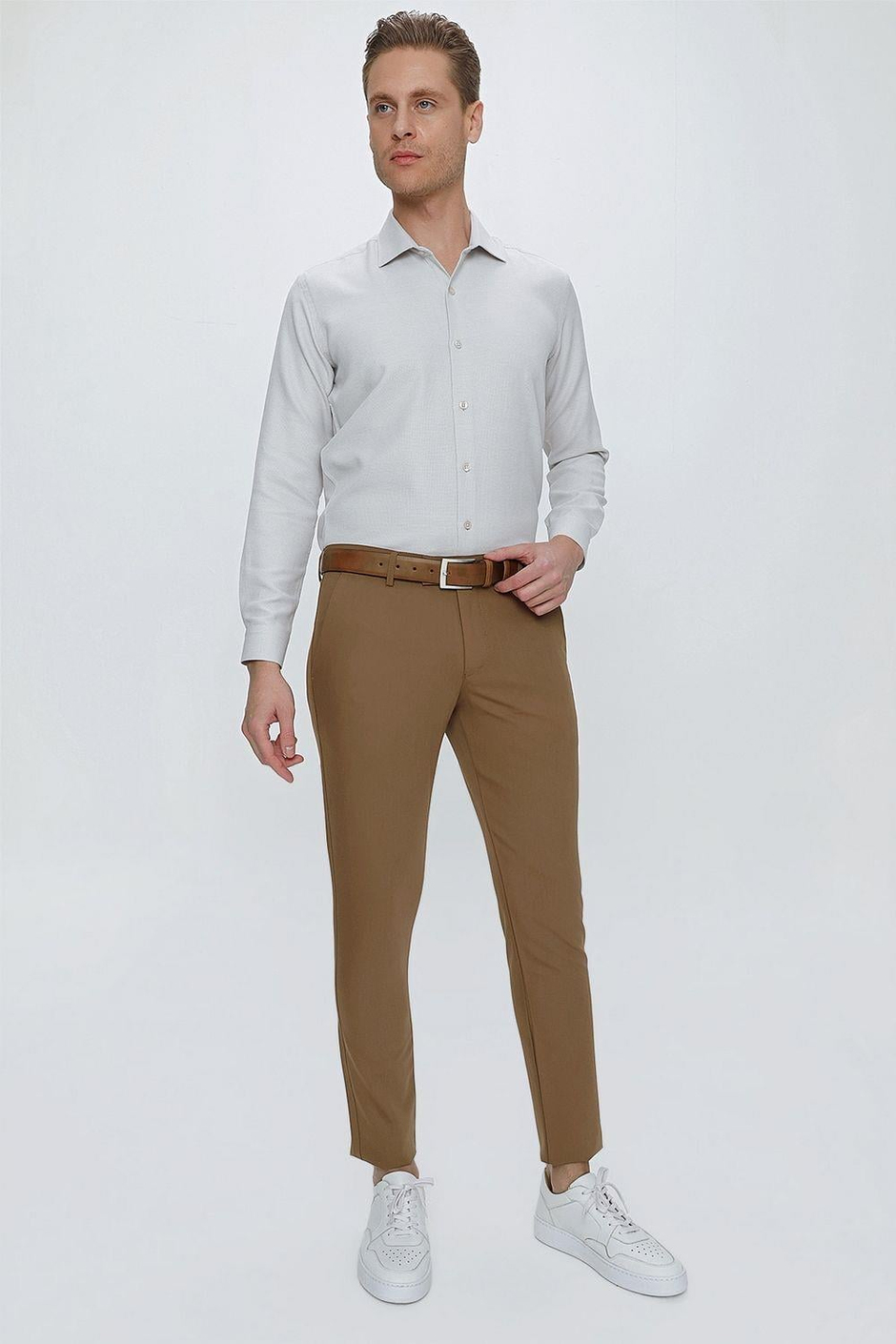 Slim Fit Yan Cepli Esnek Pamuklu Camel Chino Pantolon P 1077