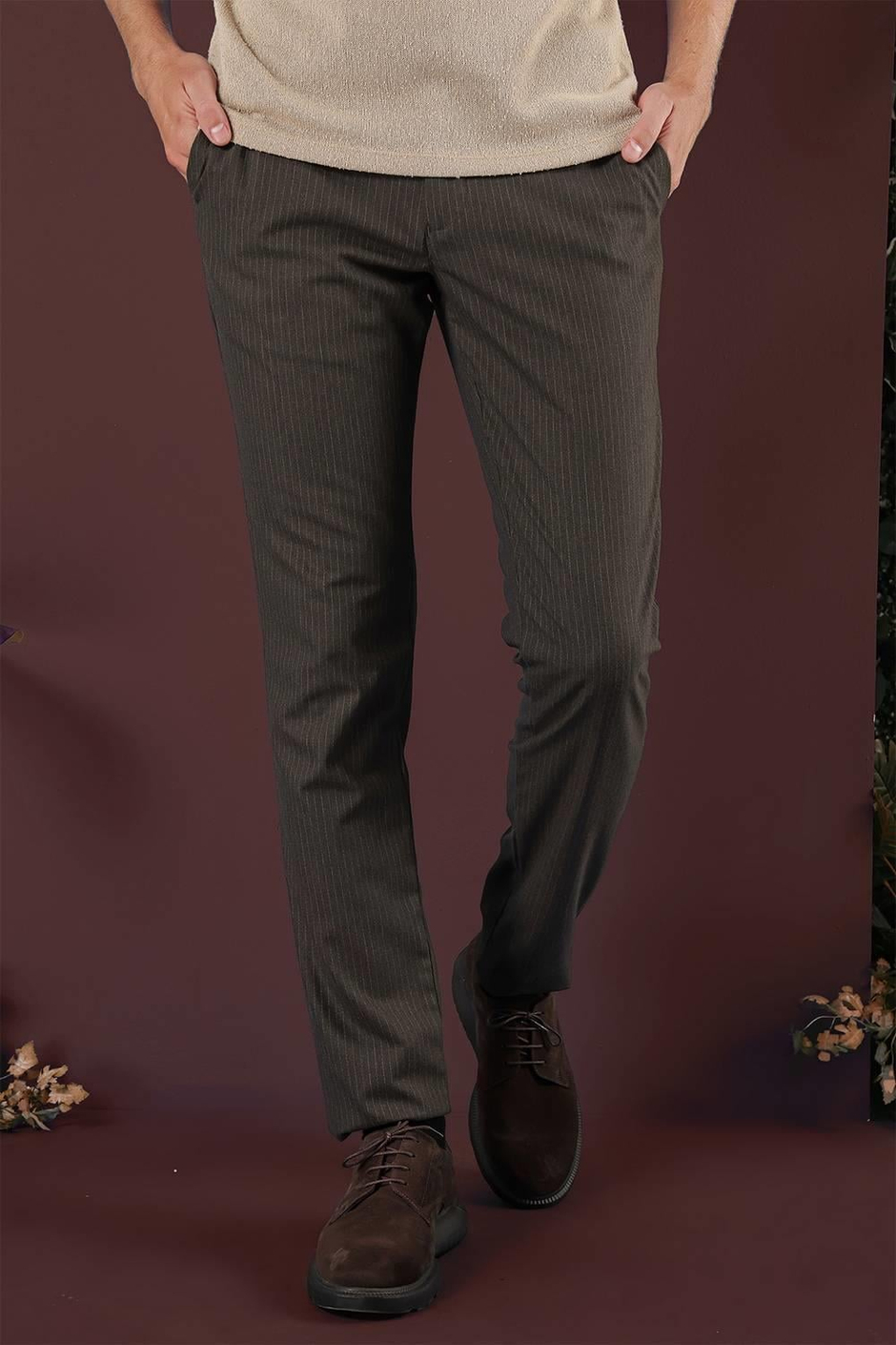 Slim Fit Esnek Yünlü İnce Çizgili Kahverengi Pantolon P 1136