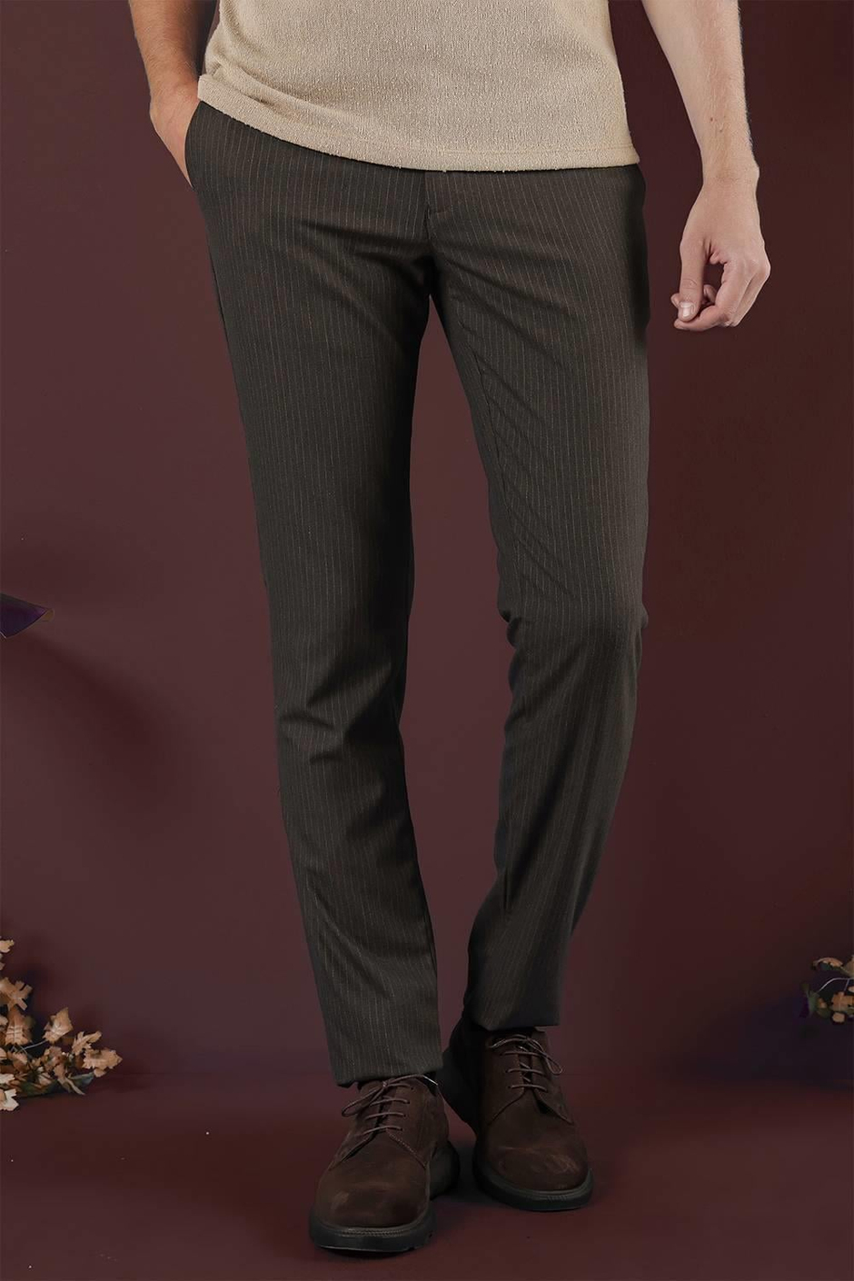 Slim Fit Esnek Yünlü İnce Çizgili Kahverengi Pantolon P 1136