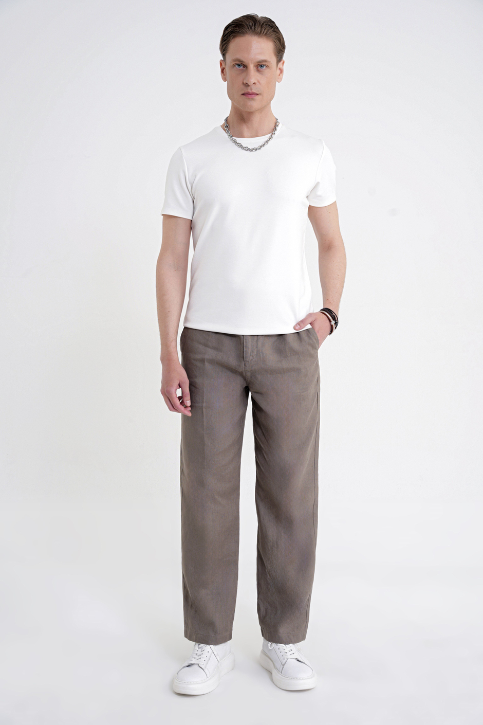 Oversize Kalıp Yan Cep Beli Lastikli Haki Keten Pantolon P 1216