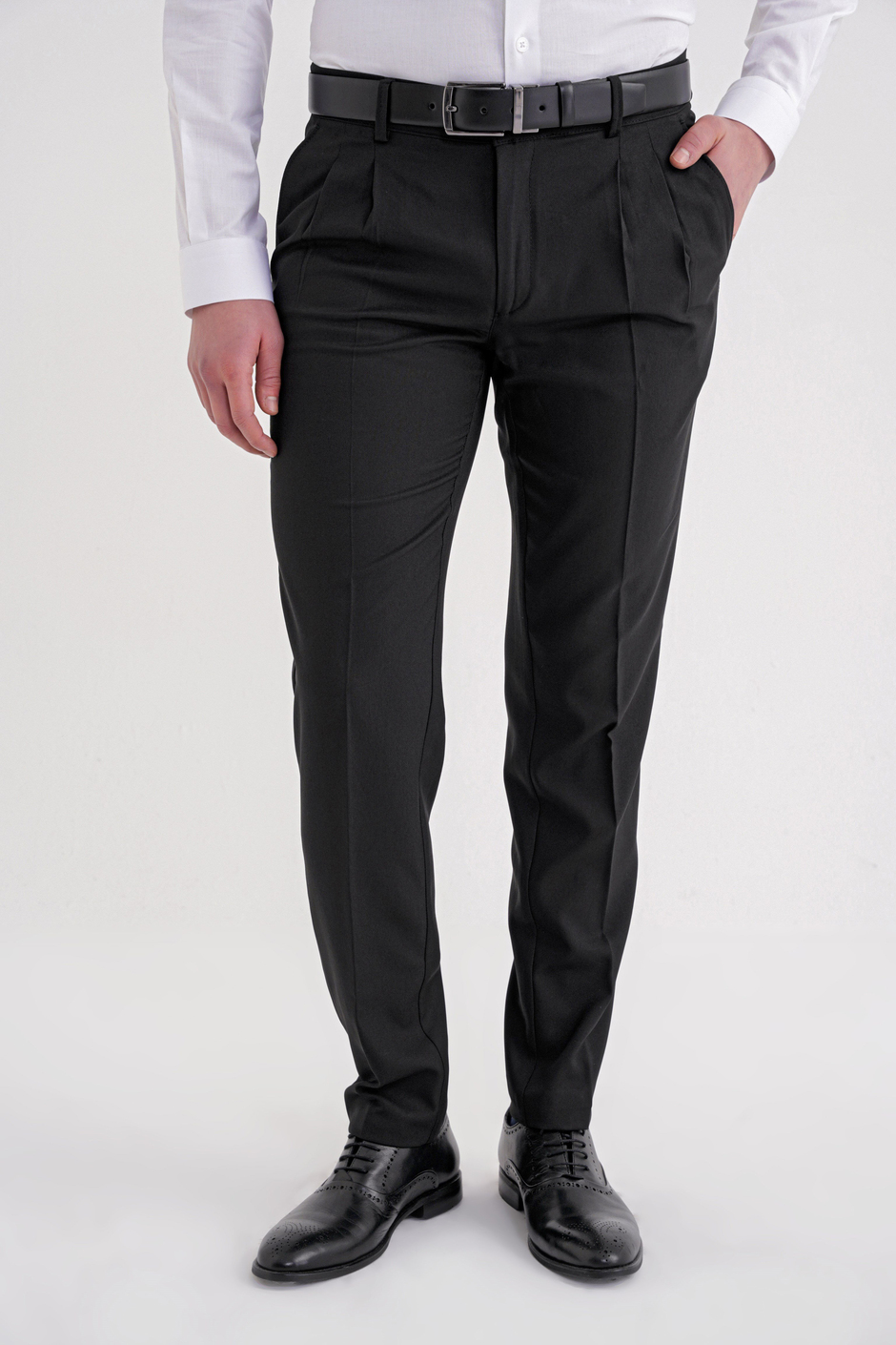 Regular Fit Çift Pileli Esnek Yünlü Düz Siyah Pantolon P 1209