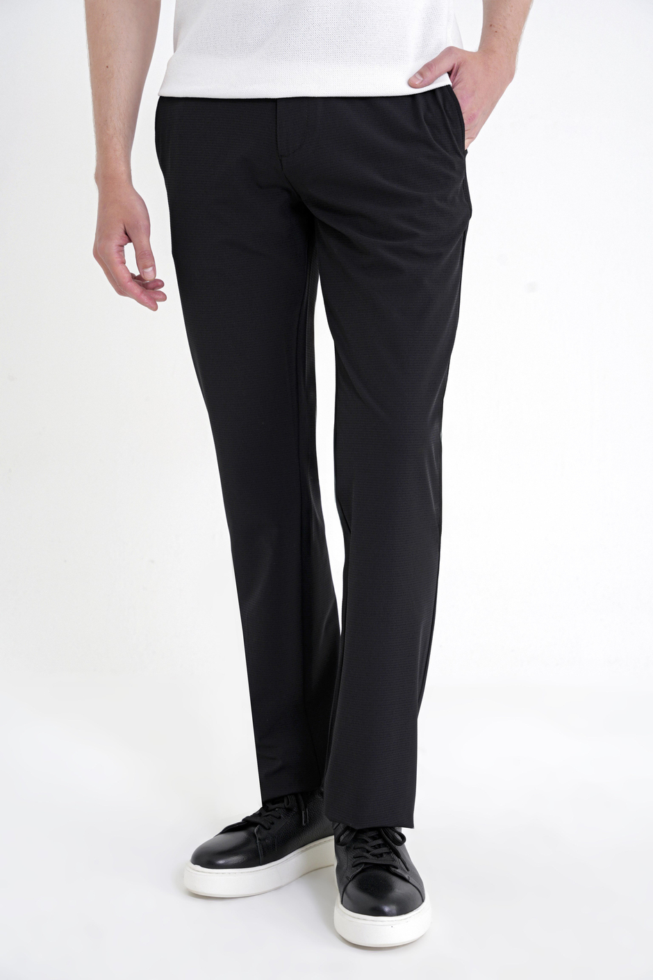 Regular Fit Yan Cep Doku Desenli Beli Lastikli Siyah Pantolon P 1212