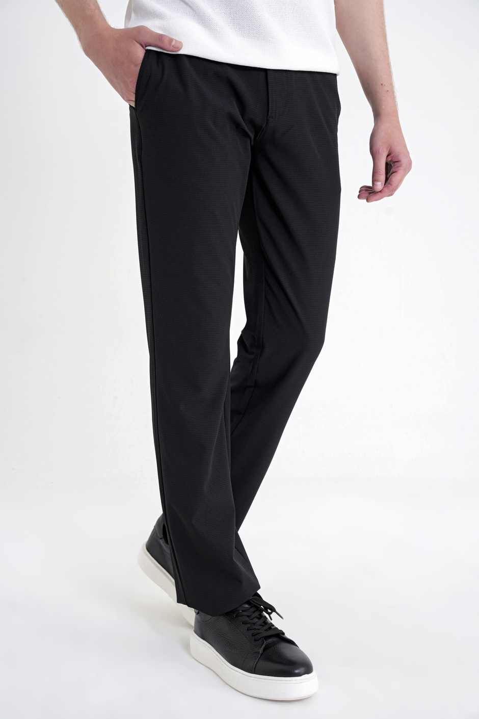 Regular Fit Yan Cep Doku Desenli Beli Lastikli Siyah Pantolon P 1212