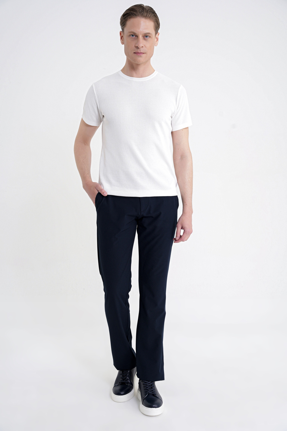 Regular Fit Yan Cep Doku Desenli Beli Lastikli Lacivert Pantolon P 1212