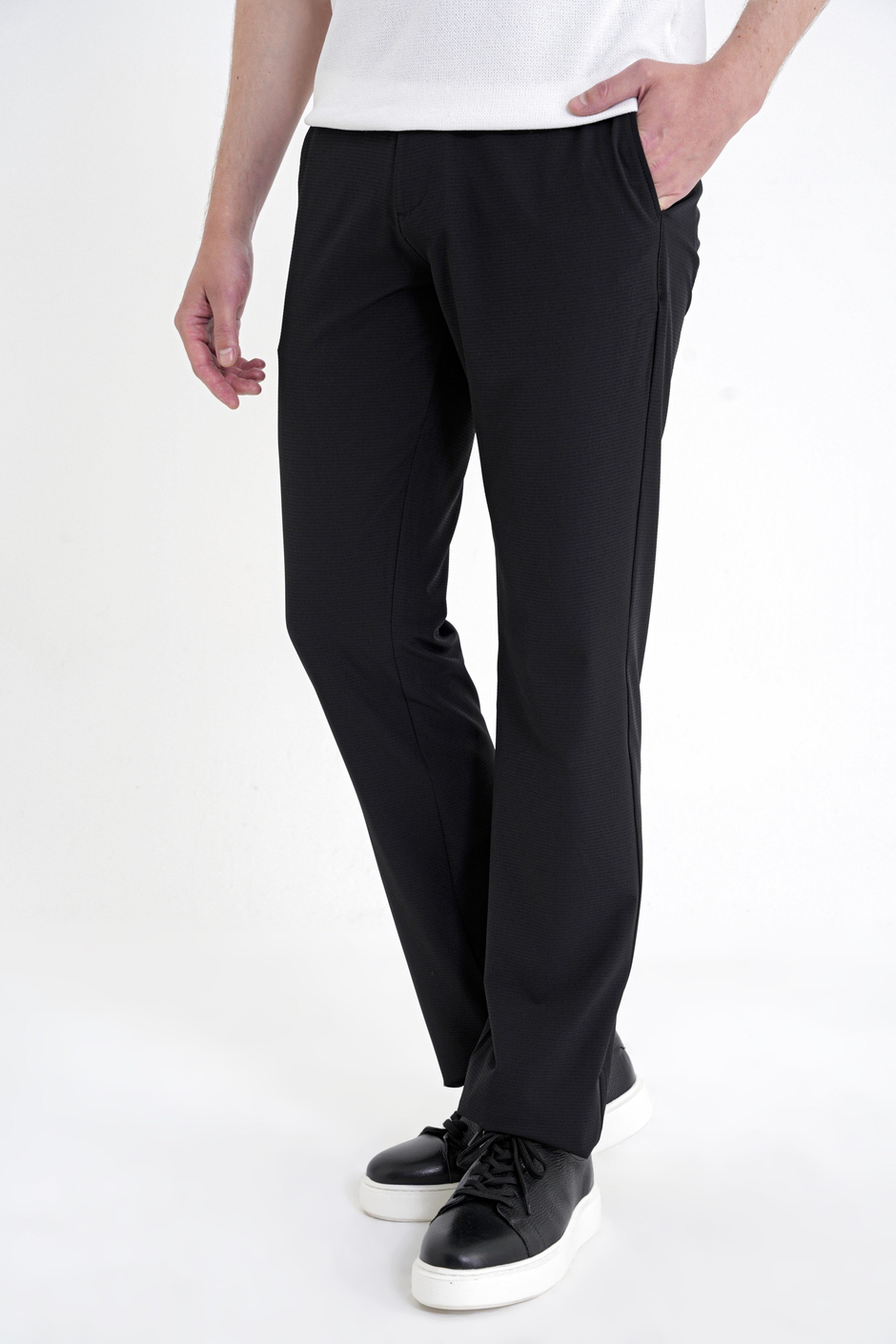 Regular Fit Yan Cep Doku Desenli Beli Lastikli Siyah Pantolon P 1212