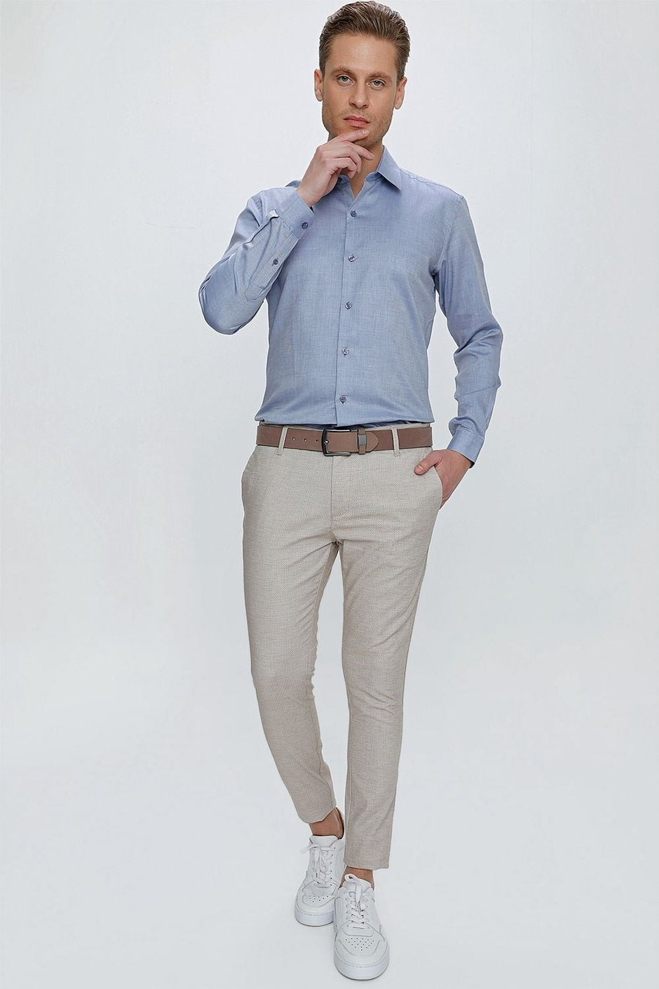 Skinny Kalıp Yan Cepli %97 Pamuk Dokulu Bej Pantolon P 1111