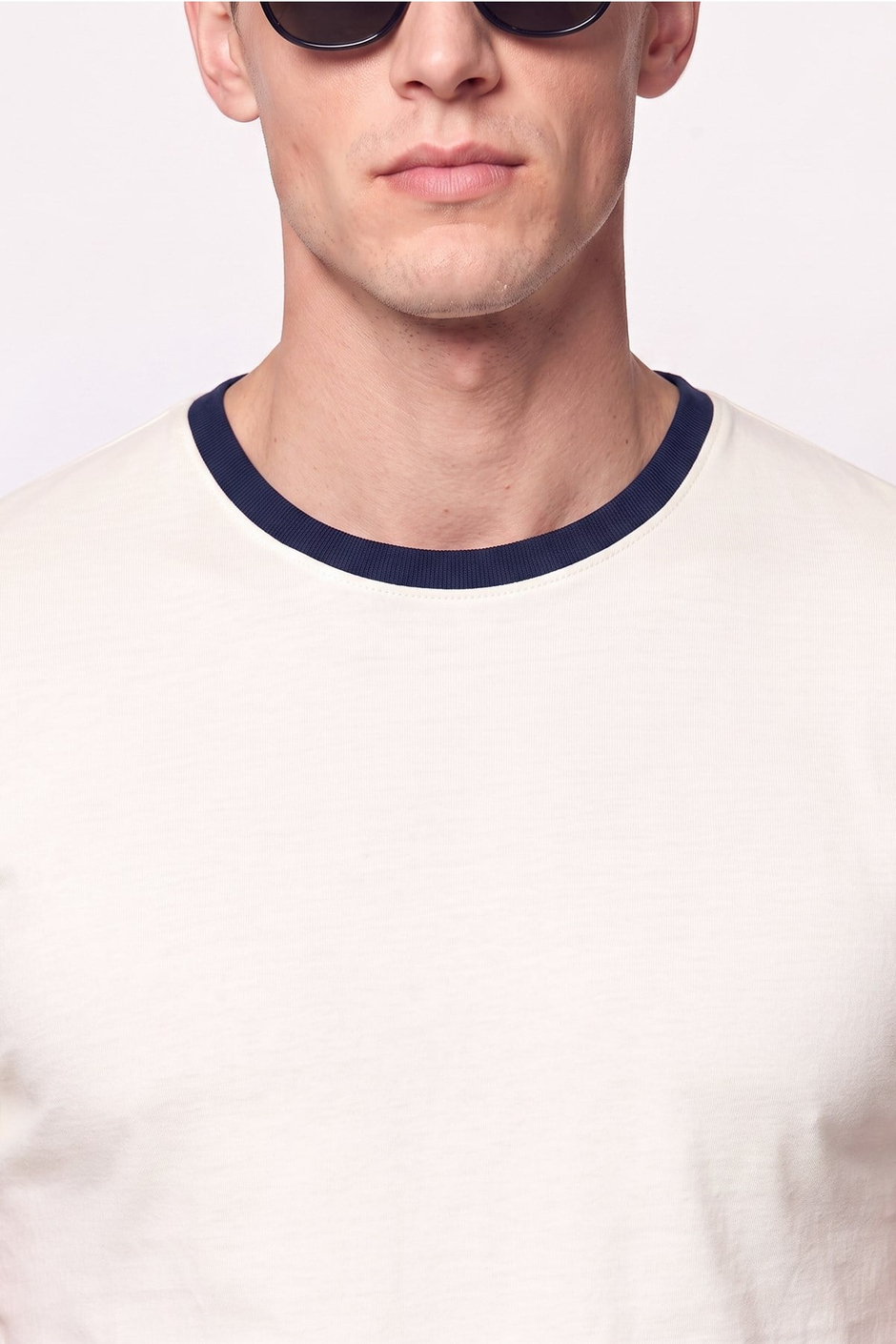 Slim Fit  Bisiklet Yaka Ekru - Lacivert Tişört TS 932 