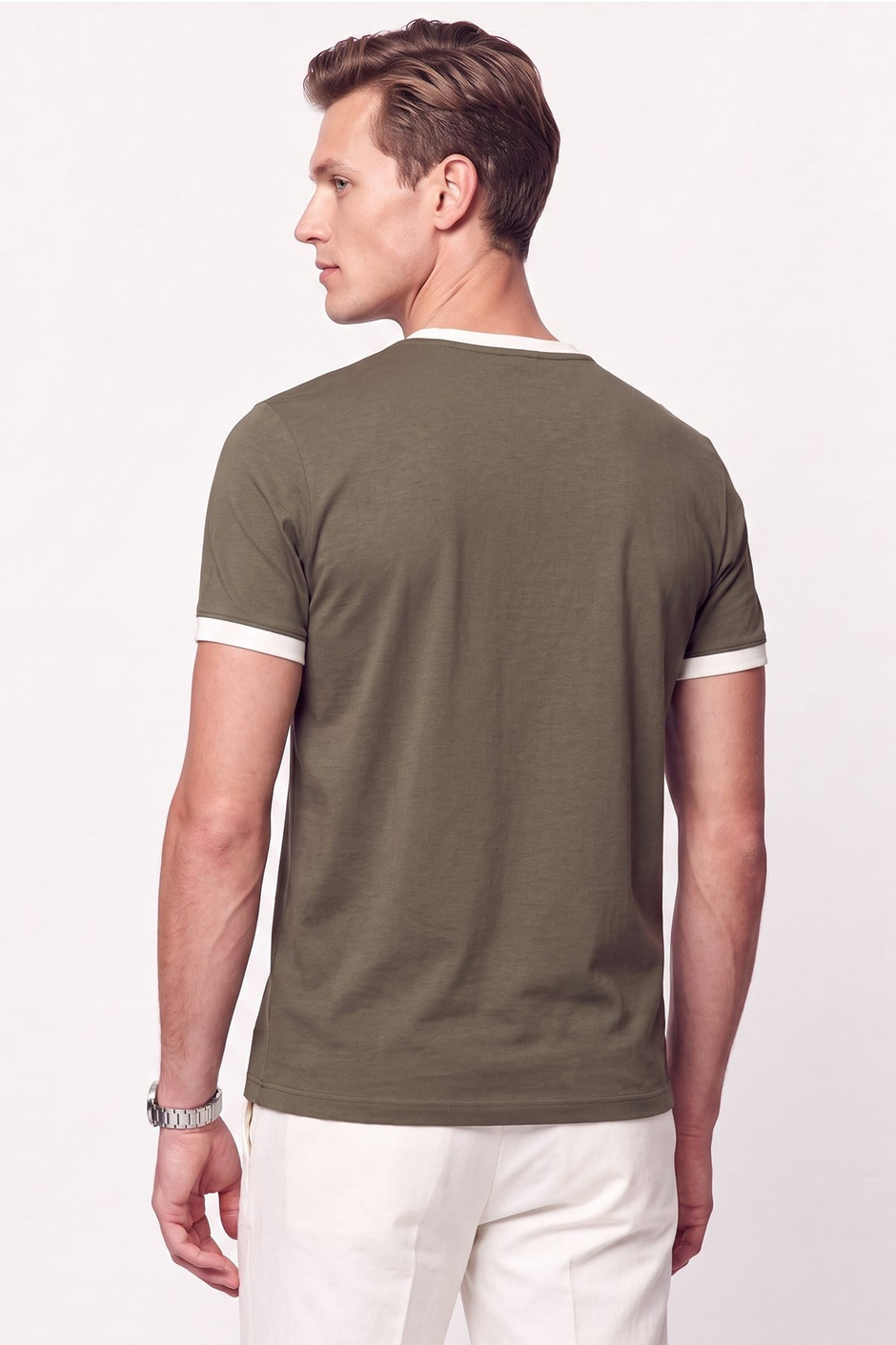 Slim Fit Bisiklet Yaka Haki - Ekru Tişört TS 932