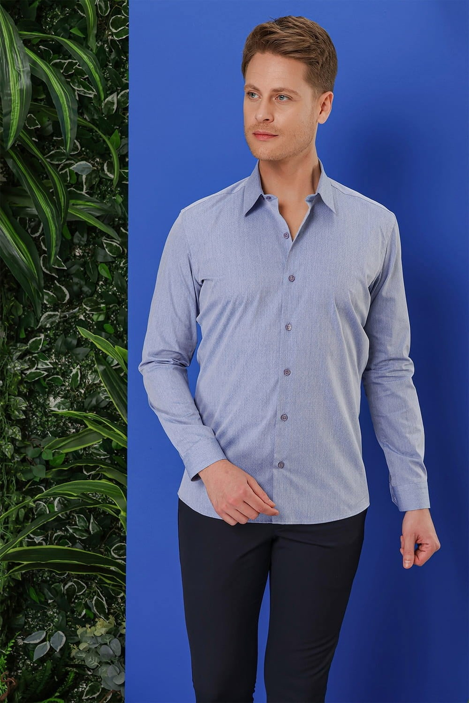 Slim Fit %100 Pamuk Armürlü Pamuklu Uzun Kollu Mavi Gömlek GK 679