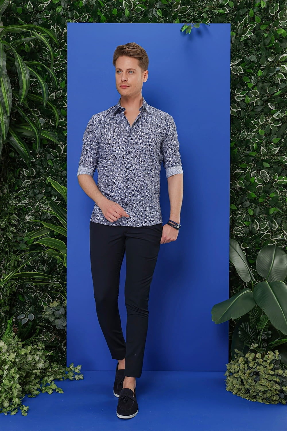 Slim Fit %100 Pamuk Desenli Lacivert Gömlek G 1541
