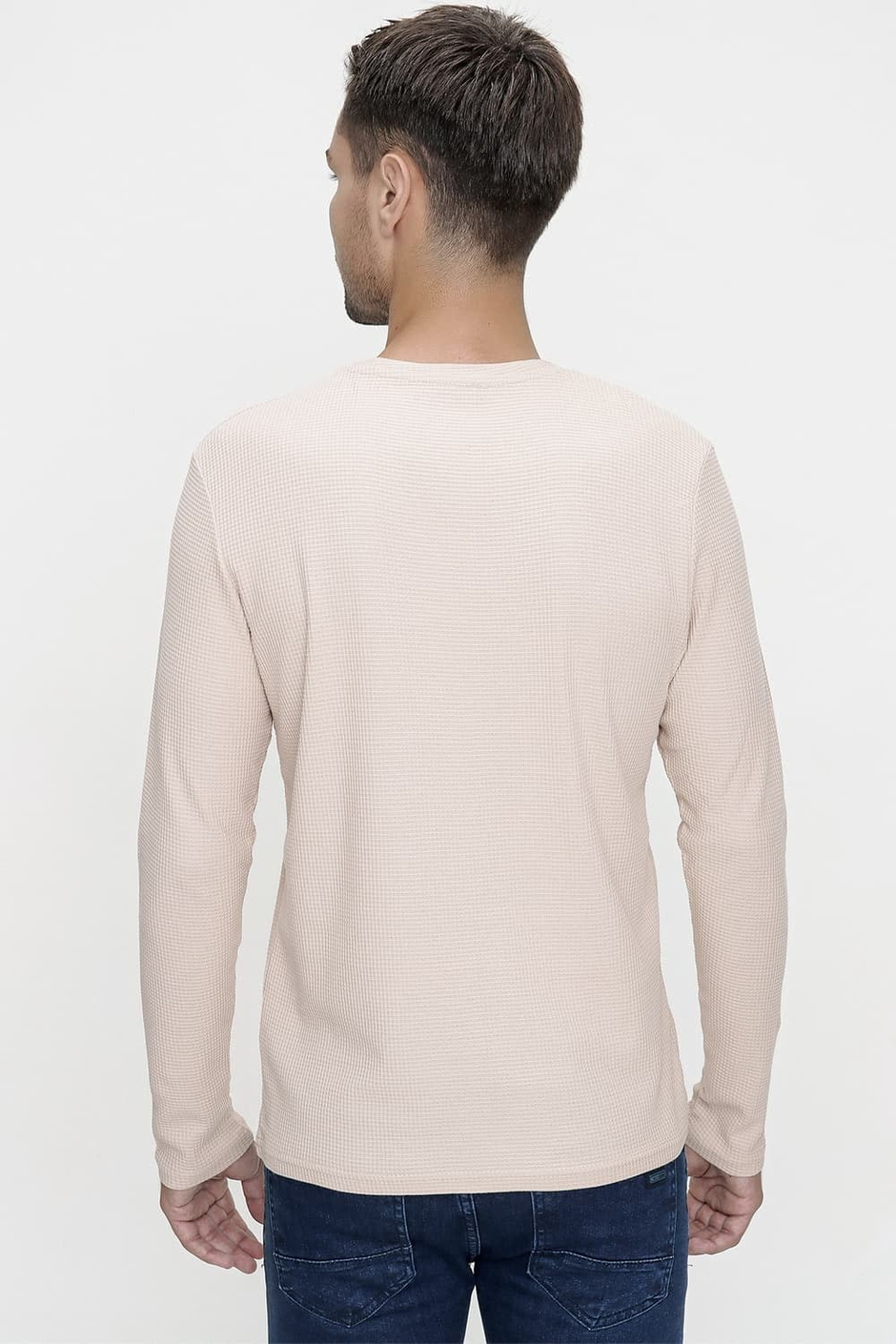 Slim Fit %100 Pamuk Doku Desenli Bisiklet Yaka Uzun Kollu Bej Tişört TS 818
