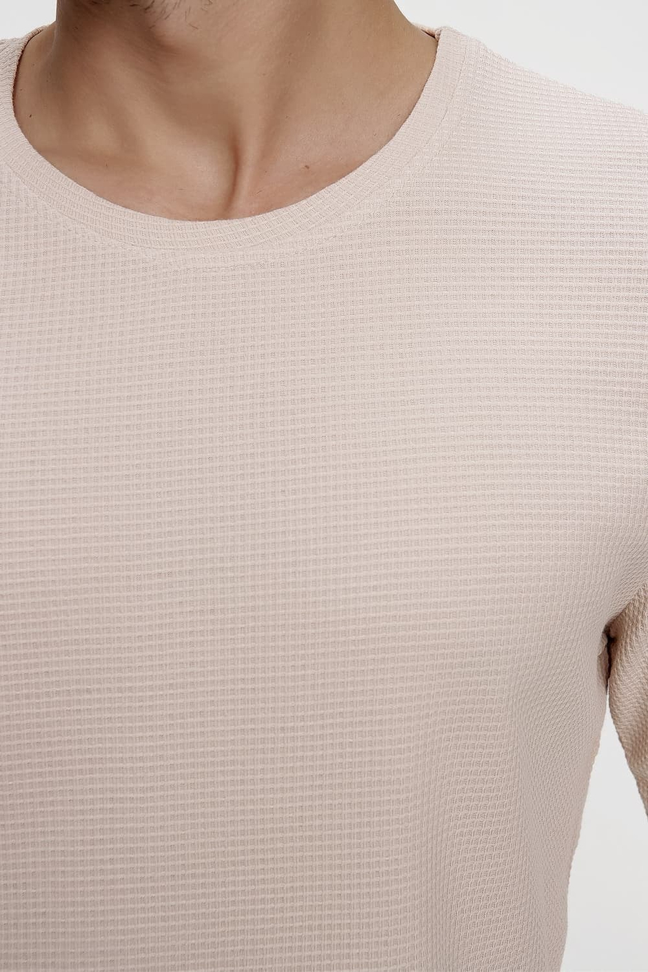 Slim Fit %100 Pamuk Doku Desenli Bisiklet Yaka Uzun Kollu Bej Tişört TS 818