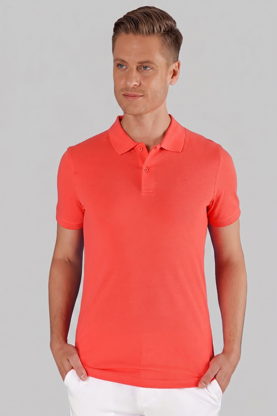 Slim Fit %100 Pamuk Düğmeli Mercan Polo Yaka Tişört Ts 845