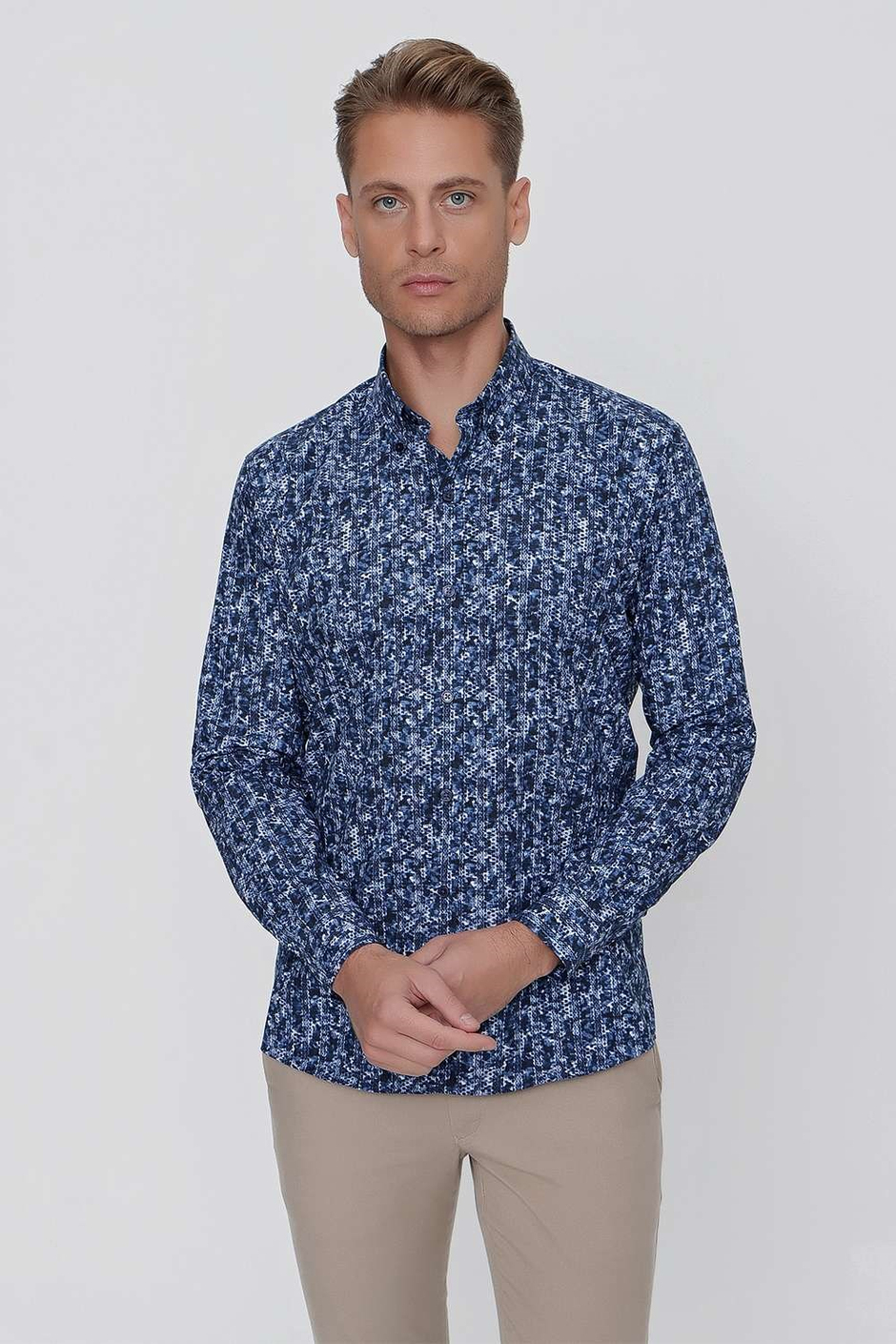 Slim Fit %100 Pamuk Düğmeli Yaka Desenli Lacivert Gömlek G 1521