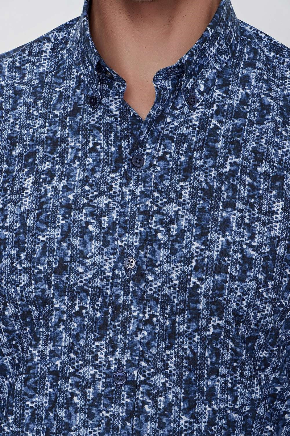 Slim Fit %100 Pamuk Düğmeli Yaka Desenli Lacivert Gömlek G 1521