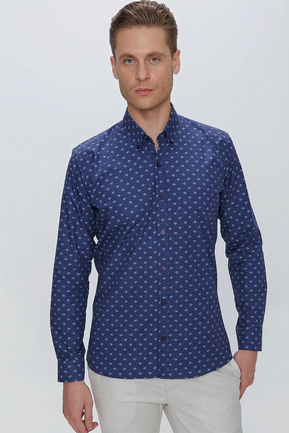 Slim Fit %100 Pamuk Düğmeli Yaka Desenli Lacivert Gömlek G 1518