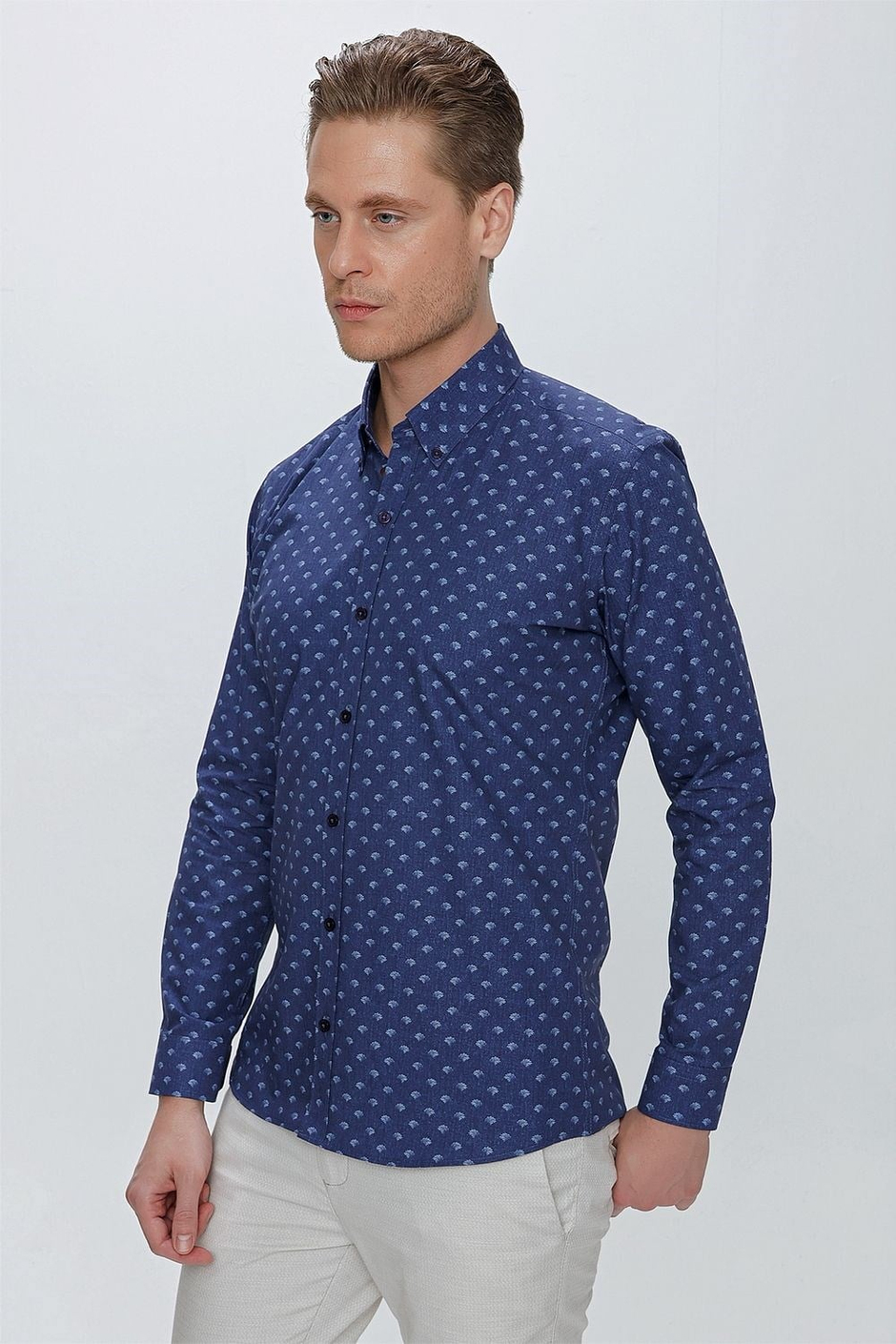 Slim Fit %100 Pamuk Düğmeli Yaka Desenli Lacivert Gömlek G 1518