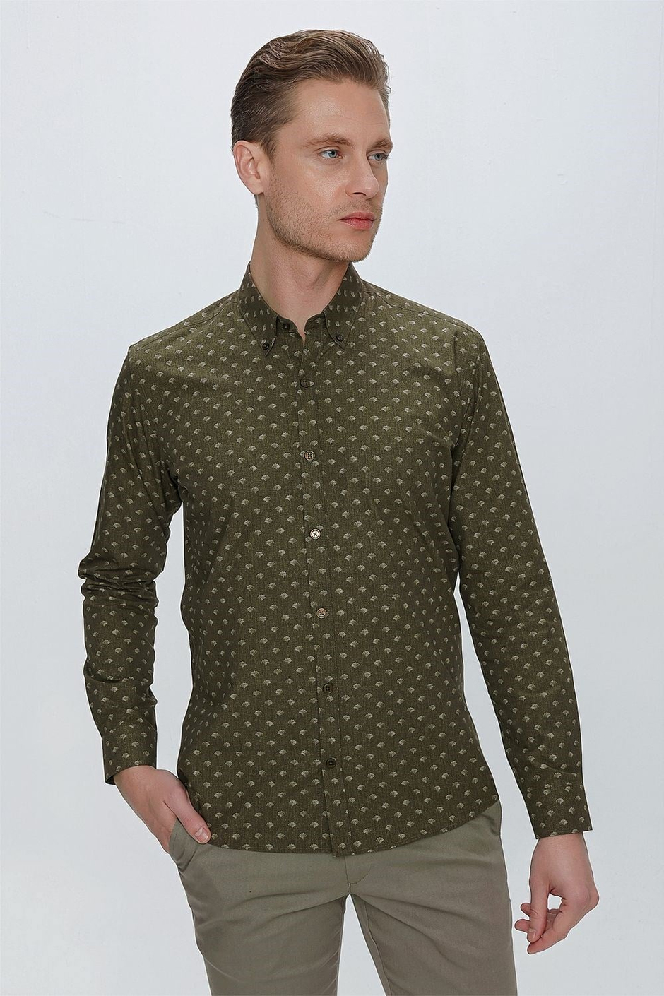 Slim Fit %100 Pamuk Düğmeli Yaka Desenli Haki Gömlek G 1518