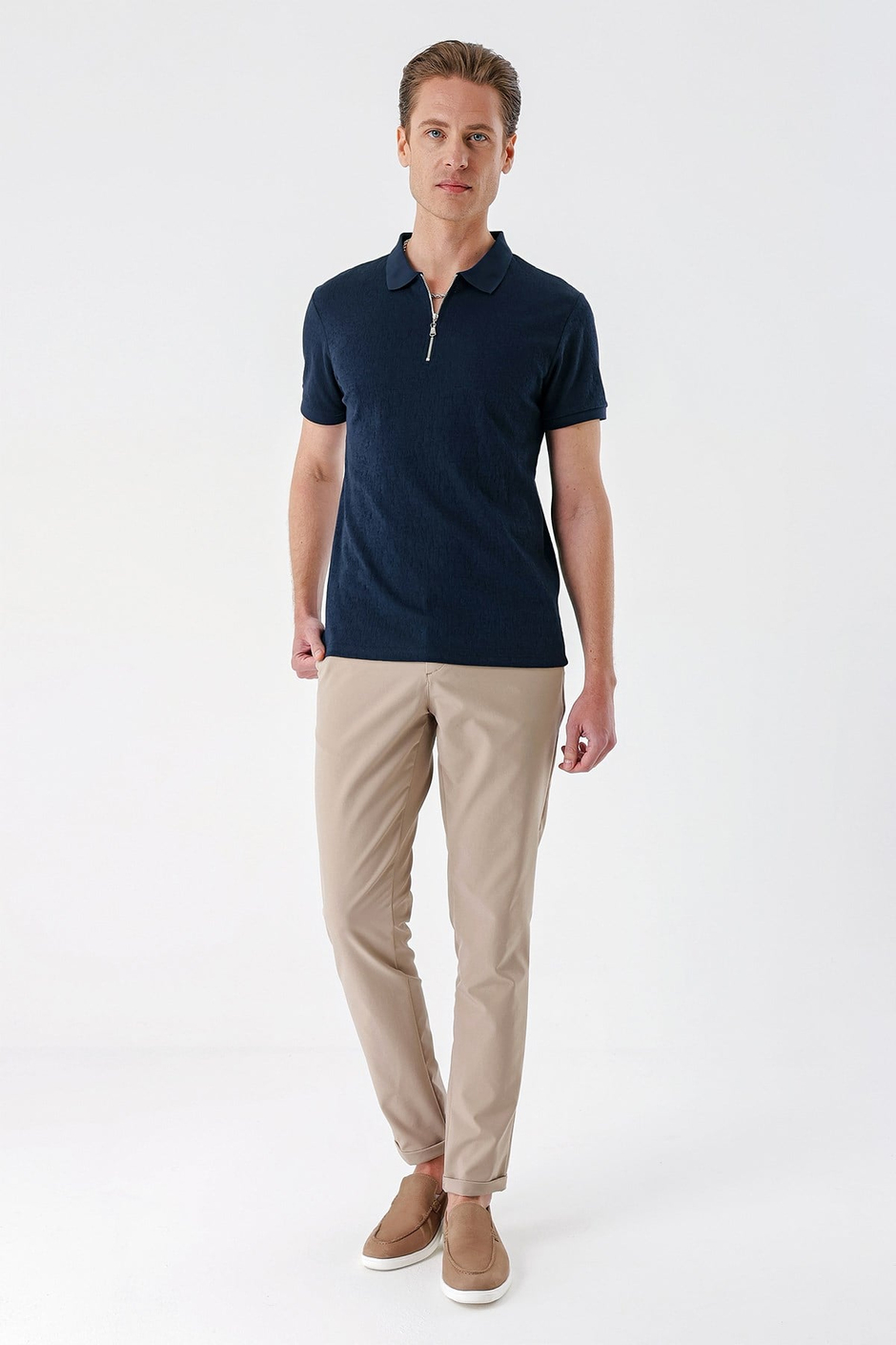 Slim Fit %100 Pamuk Fermuarlı Polo Yaka Lacivert Tişört TS 877