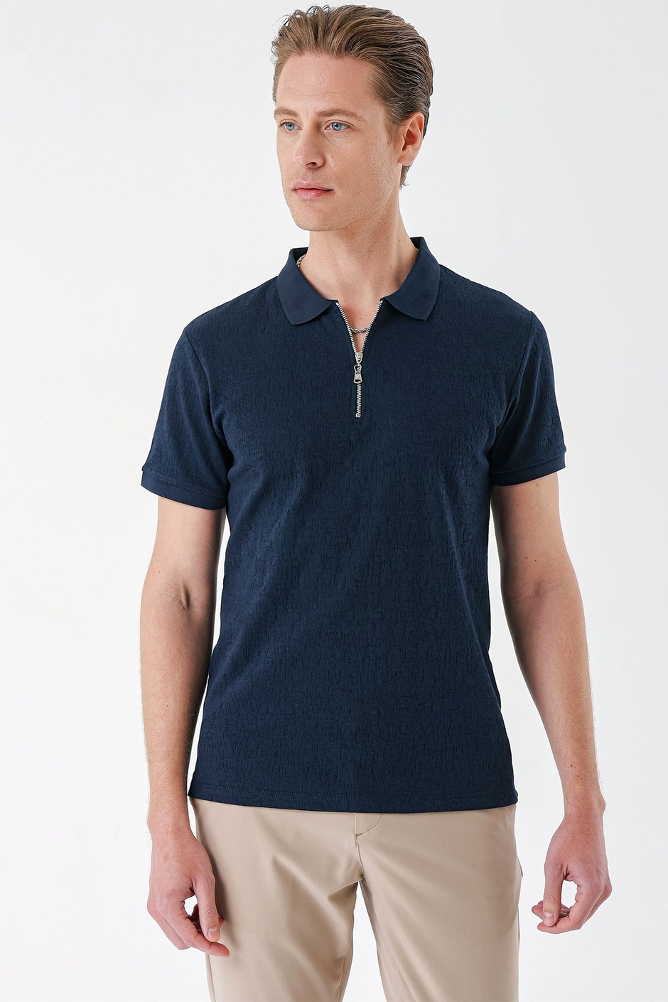 Slim Fit %100 Pamuk Fermuarlı Polo Yaka Lacivert Tişört TS 877