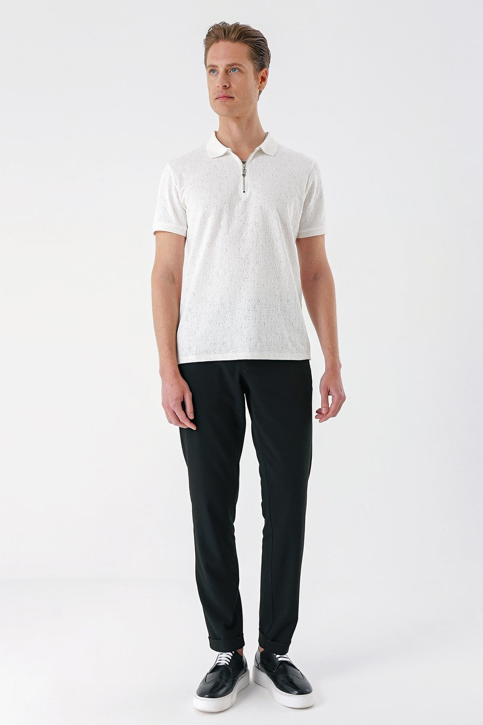 Slim Fit %100 Pamuk Fermuarlı Polo Yaka Ekru Tişört TS 877