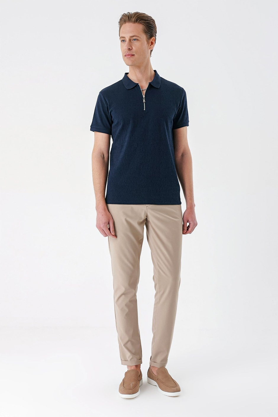 Slim Fit %100 Pamuk Fermuarlı Polo Yaka Lacivert Tişört TS 877