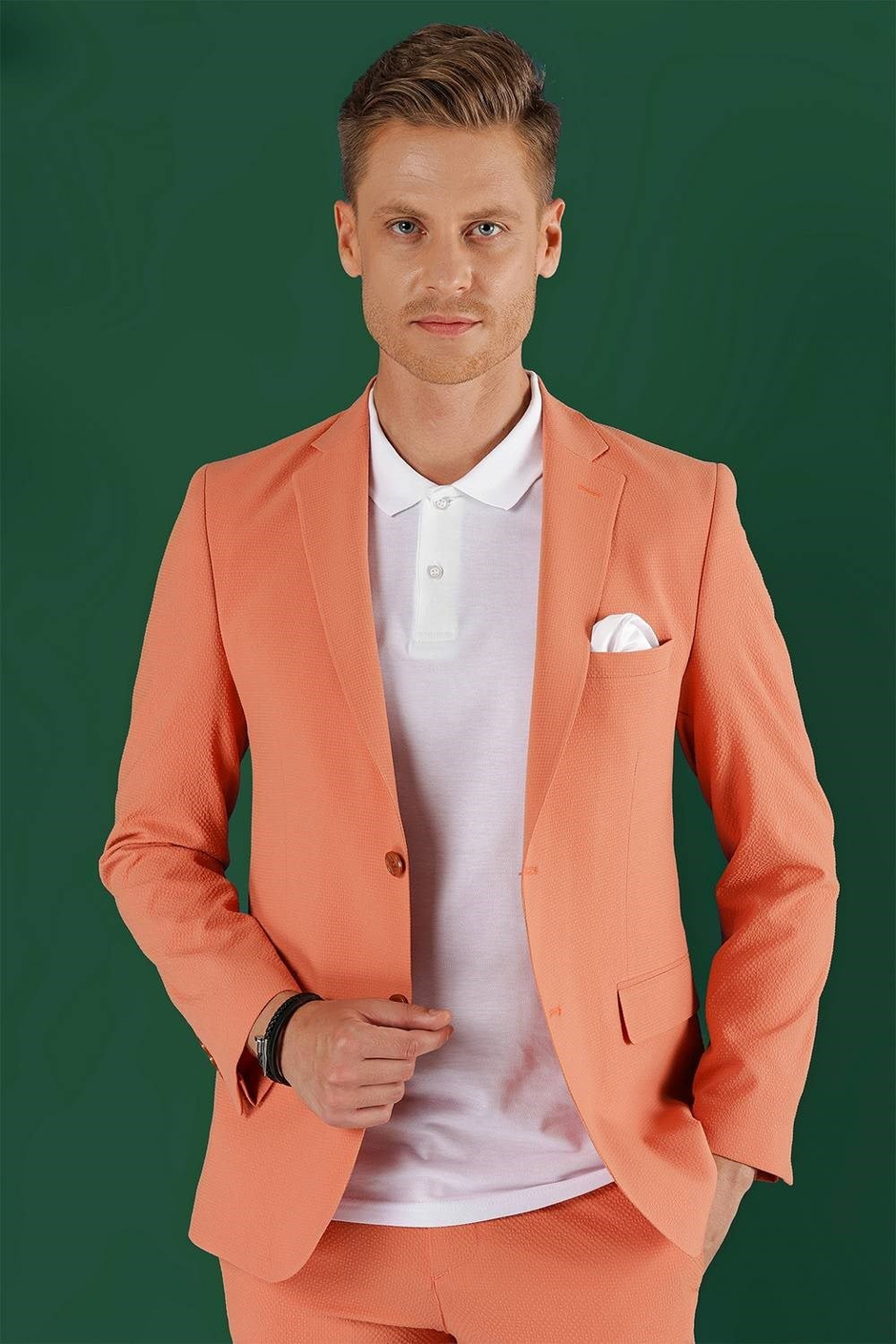 Slim Fit %100 Pamuk Gofre Kumaş Mercan Ceket C 647