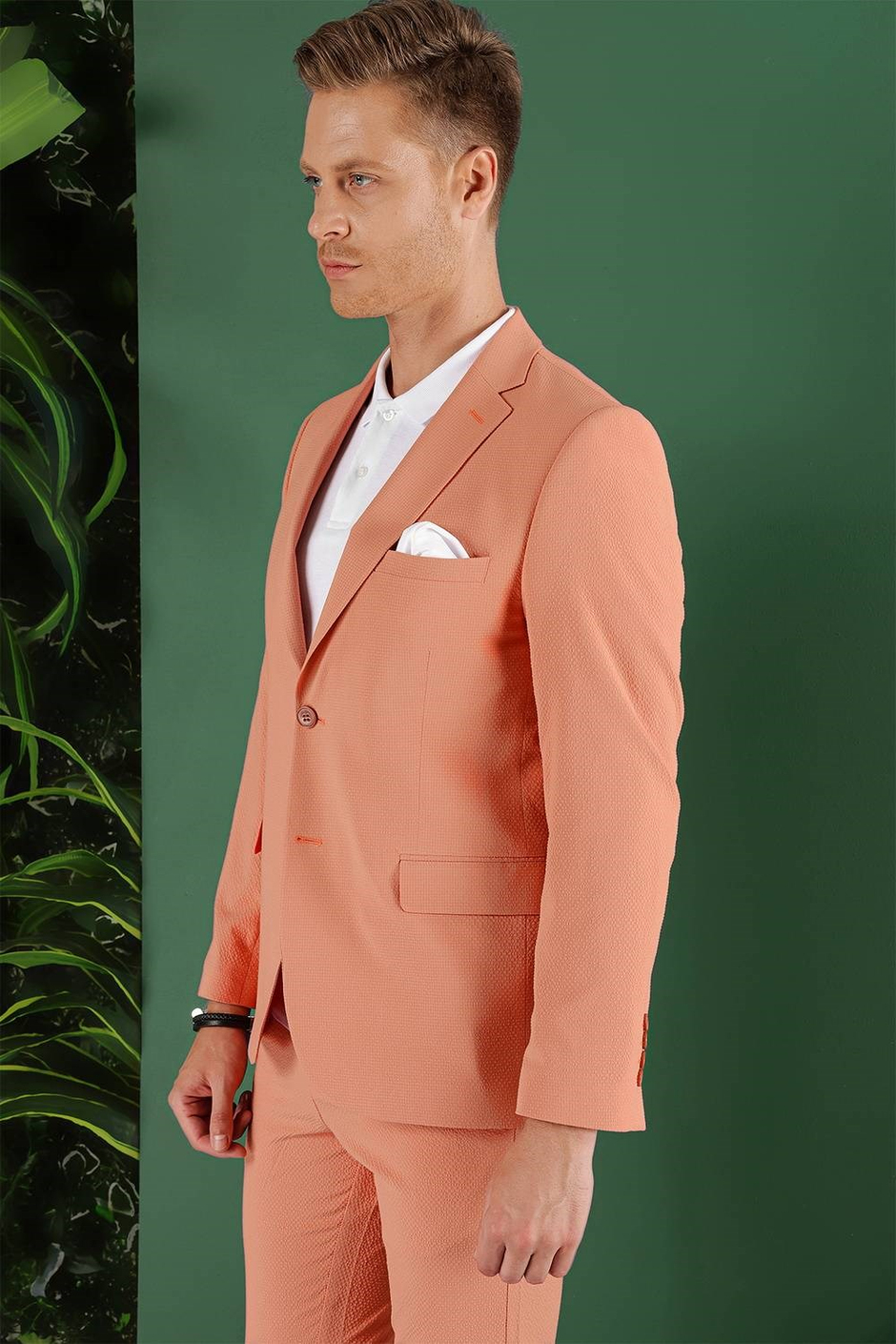 Slim Fit %100 Pamuk Gofre Kumaş Mercan Ceket C 647