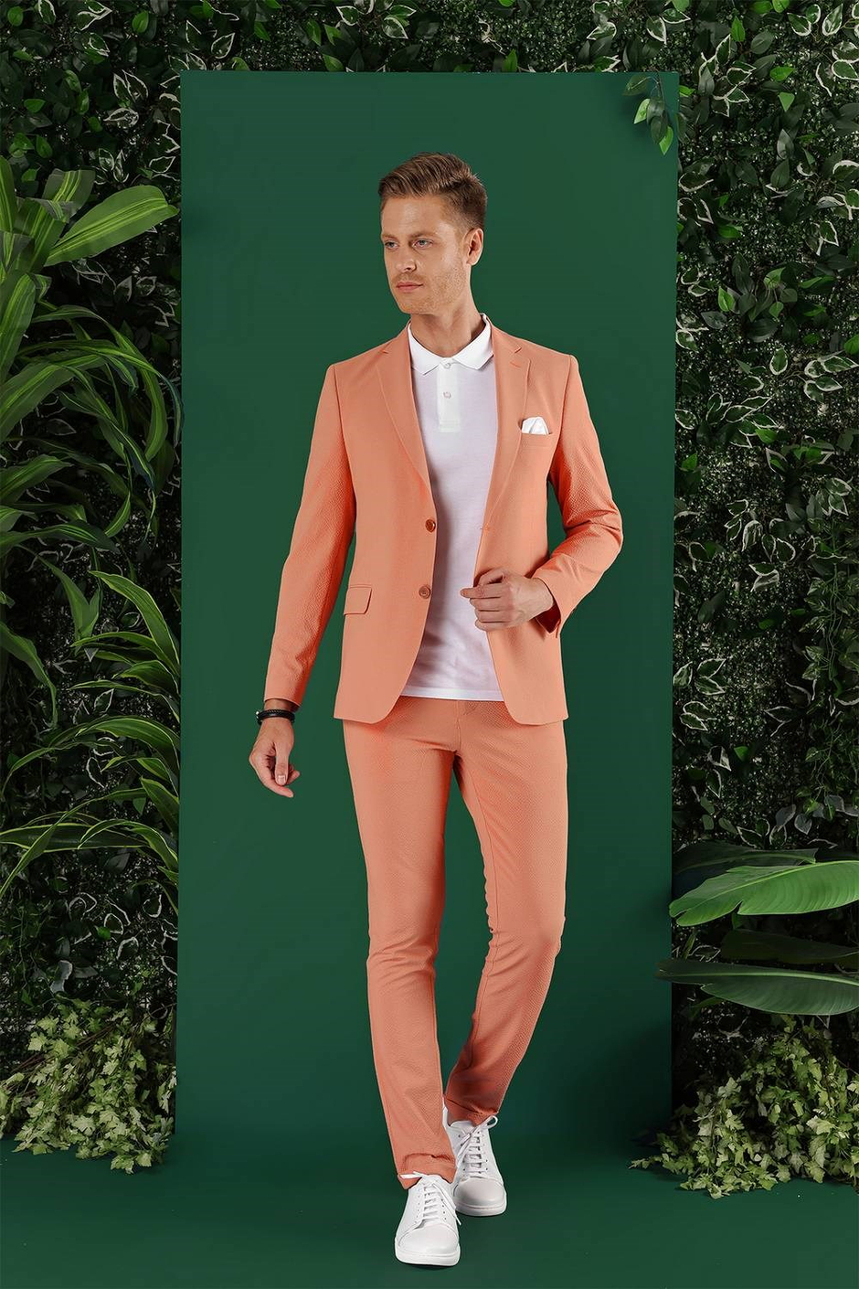 Slim Fit %100 Pamuk Gofre Kumaş Mercan Ceket C 647
