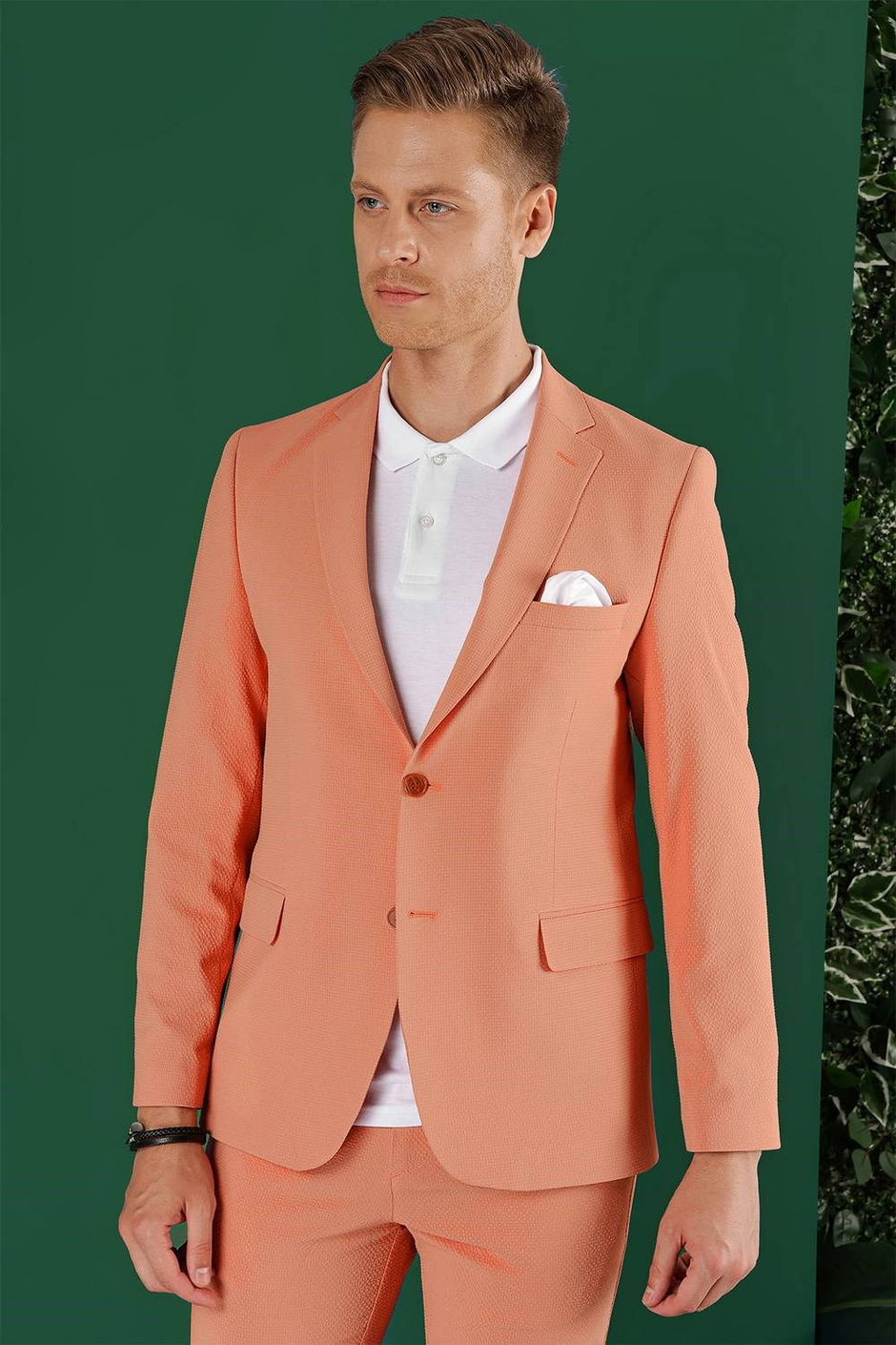 Slim Fit %100 Pamuk Gofre Kumaş Mercan Ceket C 647