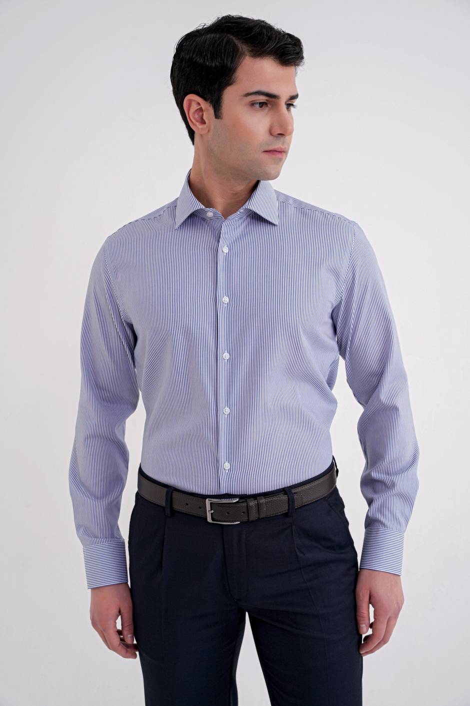 Slim Fit %100 Pamuk İtalyan Yaka Çizgili Lacivert Gömlek GK 751