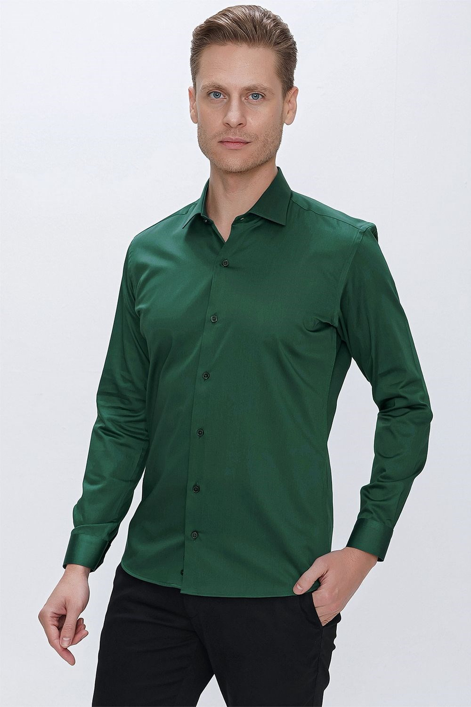 Slim Fit %100 Pamuk Kravat Yaka Düz Yeşil Gömlek GK 669