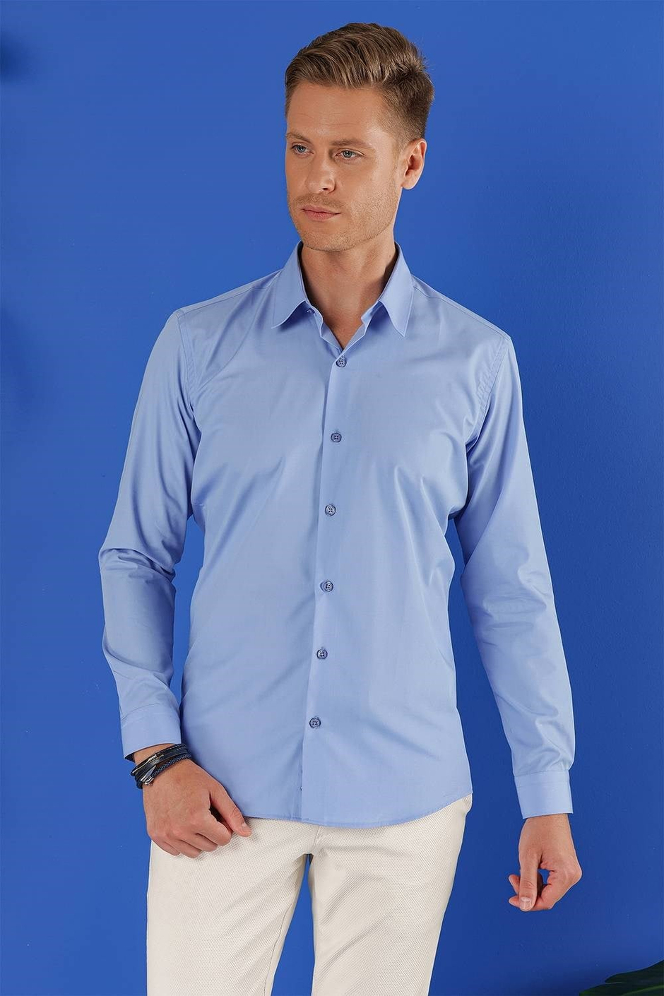 Slim Fit %100 Pamuk Kravat Yaka Koyu Mavi Gömlek GK 683
