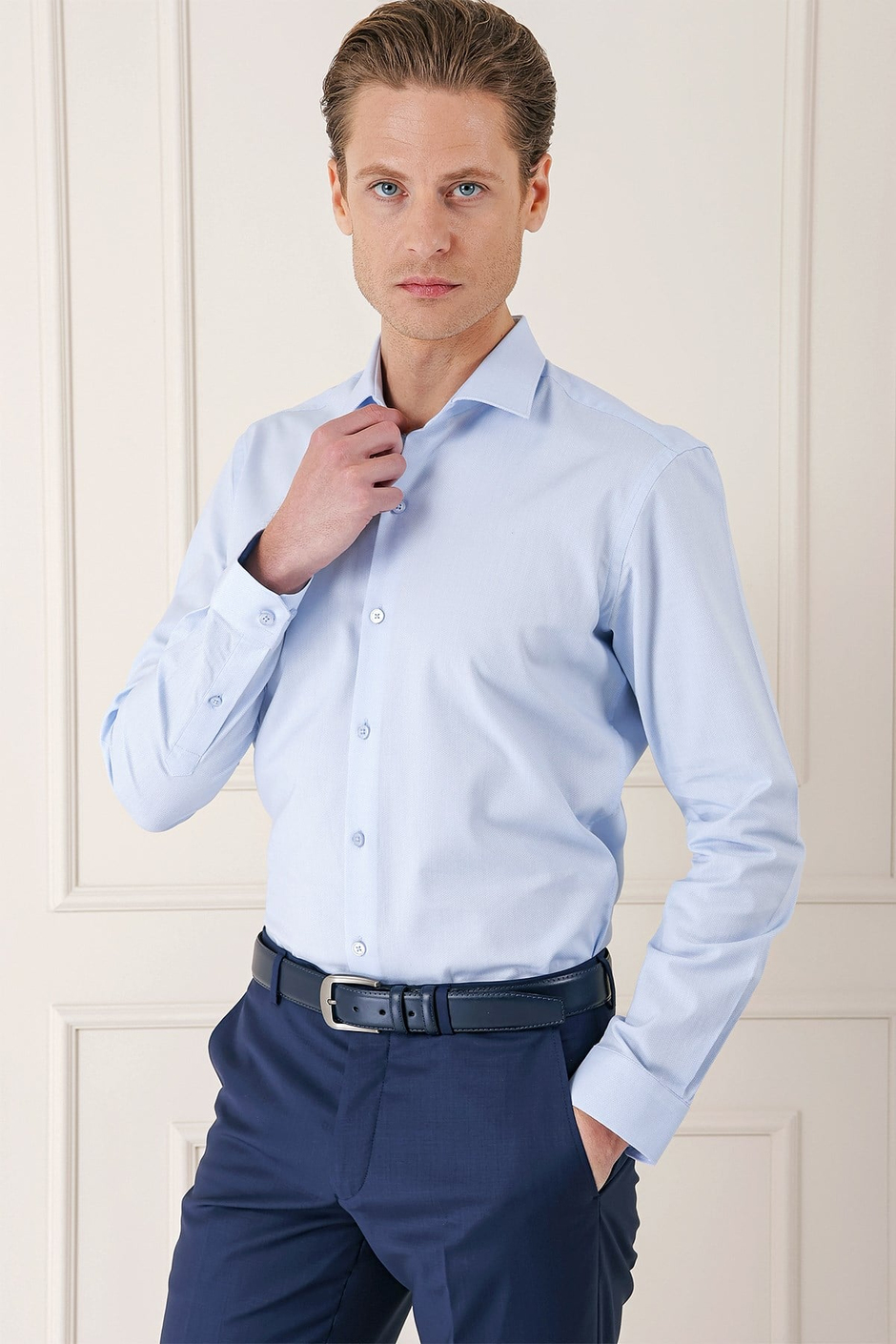 Slim Fit %100 Pamuk Kravat Yaka Pamuklu Dokulu Mavi Gömlek GK 720