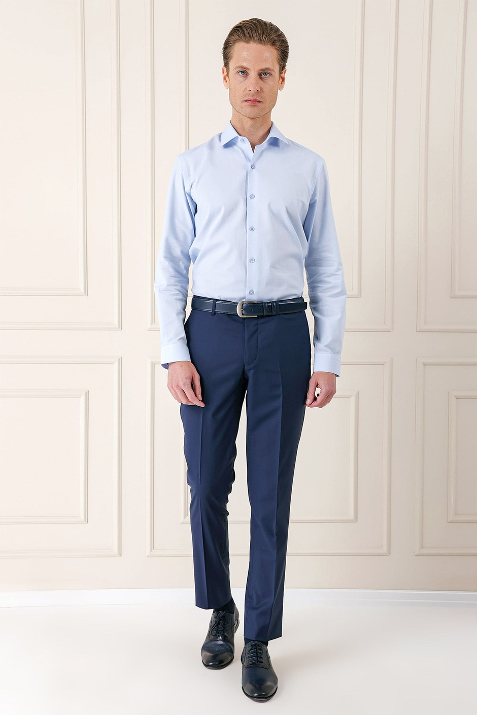 Slim Fit %100 Pamuk Kravat Yaka Pamuklu Dokulu Mavi Gömlek GK 720