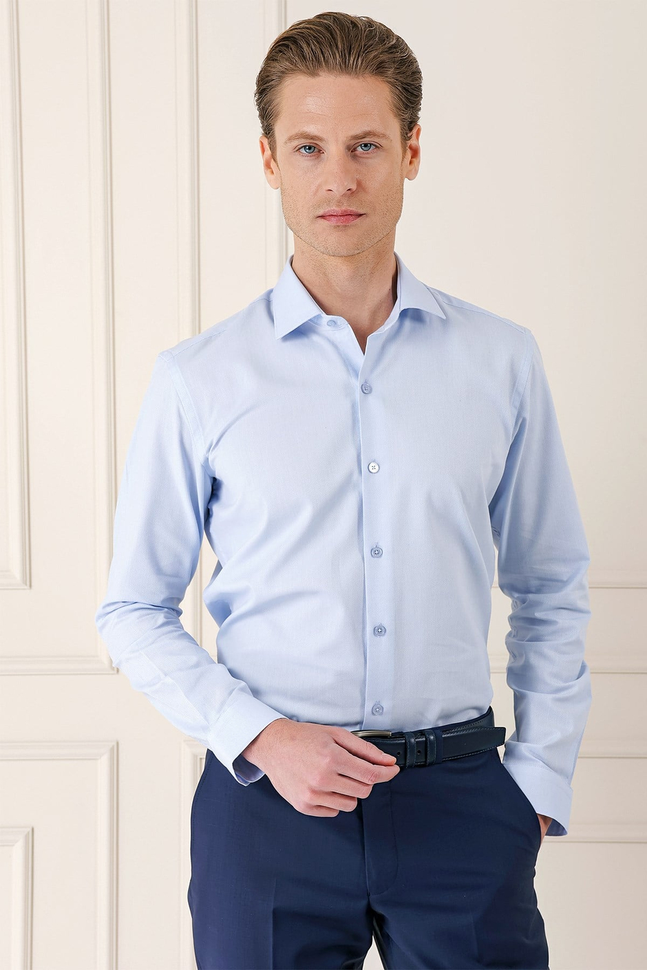 Slim Fit %100 Pamuk Kravat Yaka Pamuklu Dokulu Mavi Gömlek GK 720